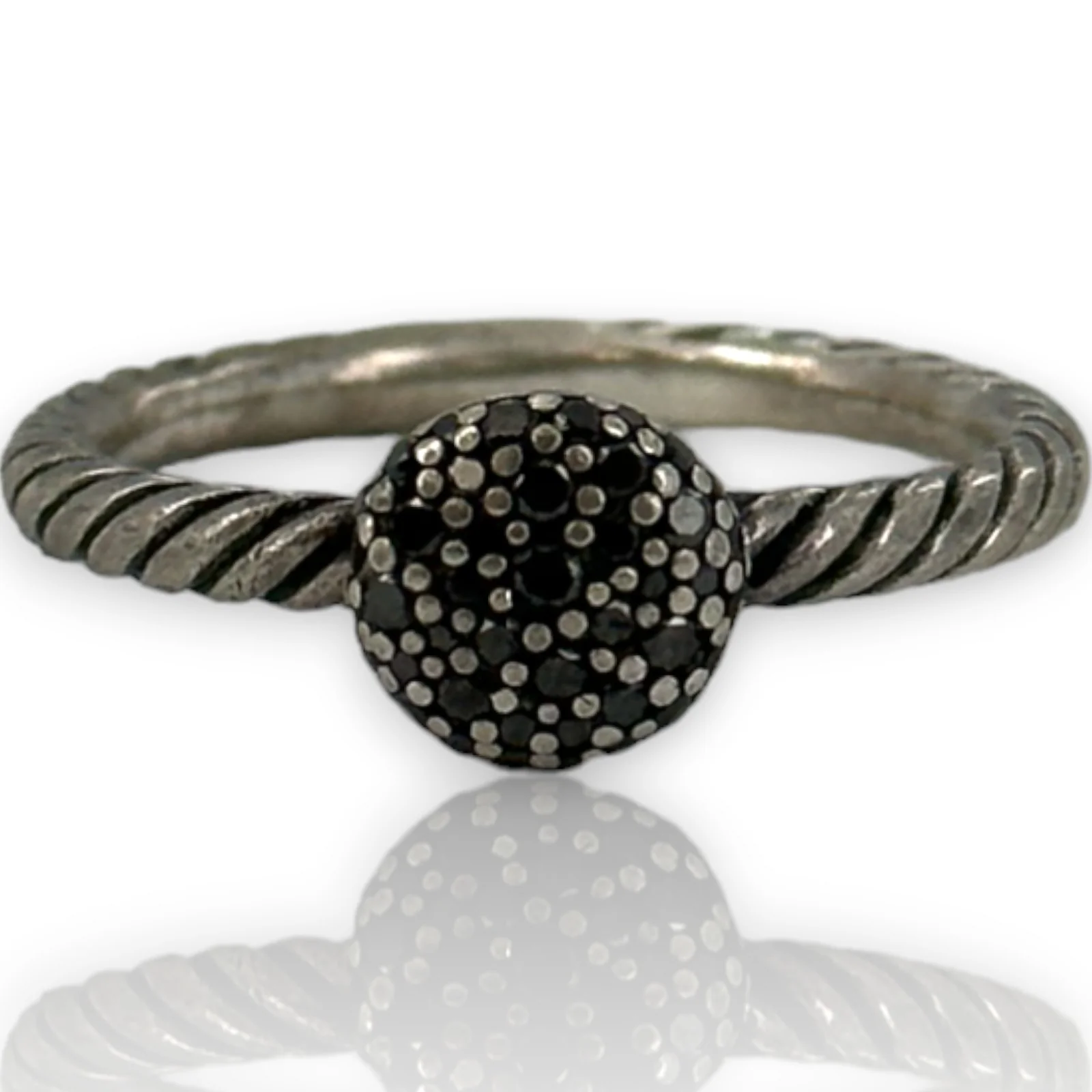 David Yurman Signed 925 Sterling Silver Cord Ring With Black Diamond Cluster Size 8