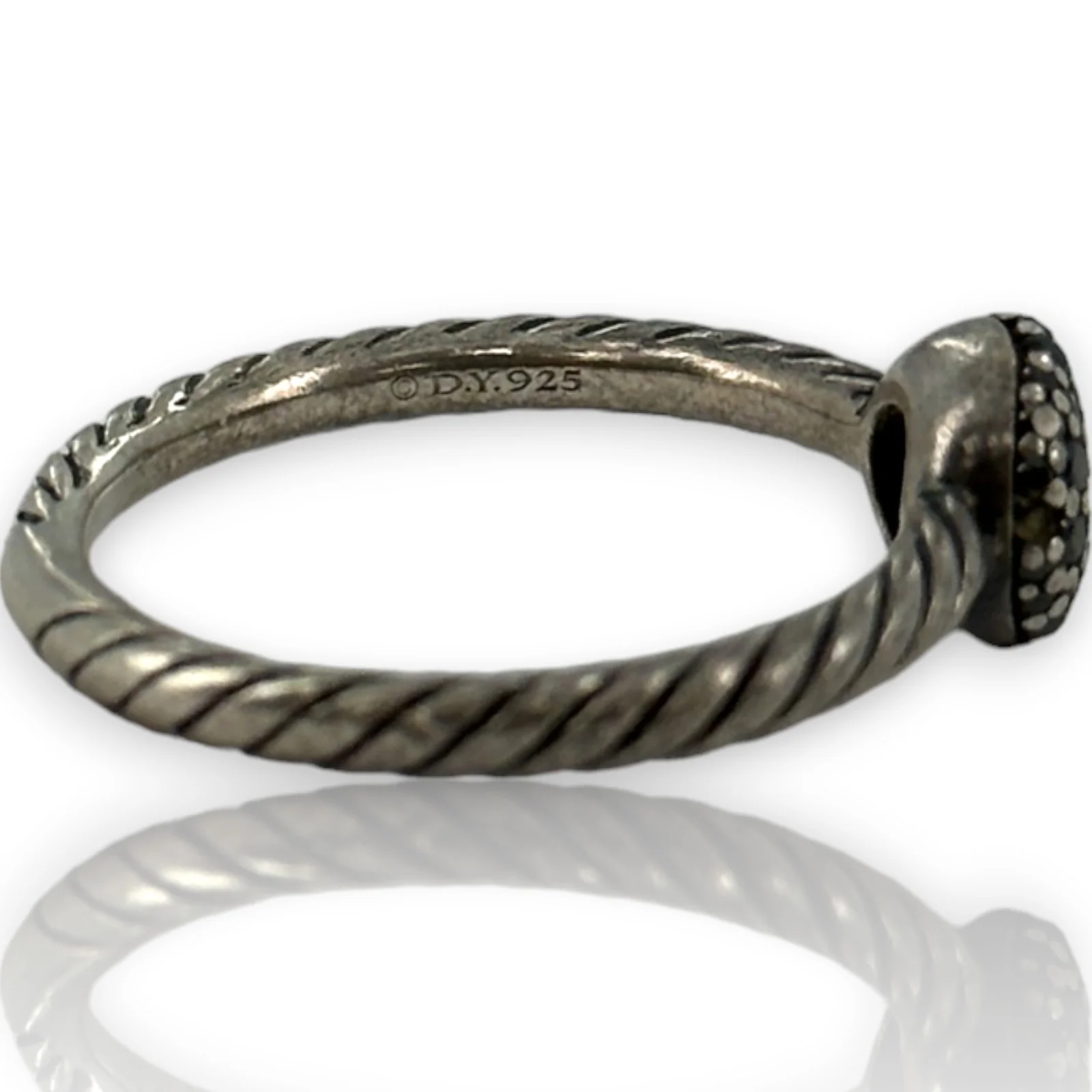 David Yurman Signed 925 Sterling Silver Cord Ring With Black Diamond Cluster Size 8 - Image 6
