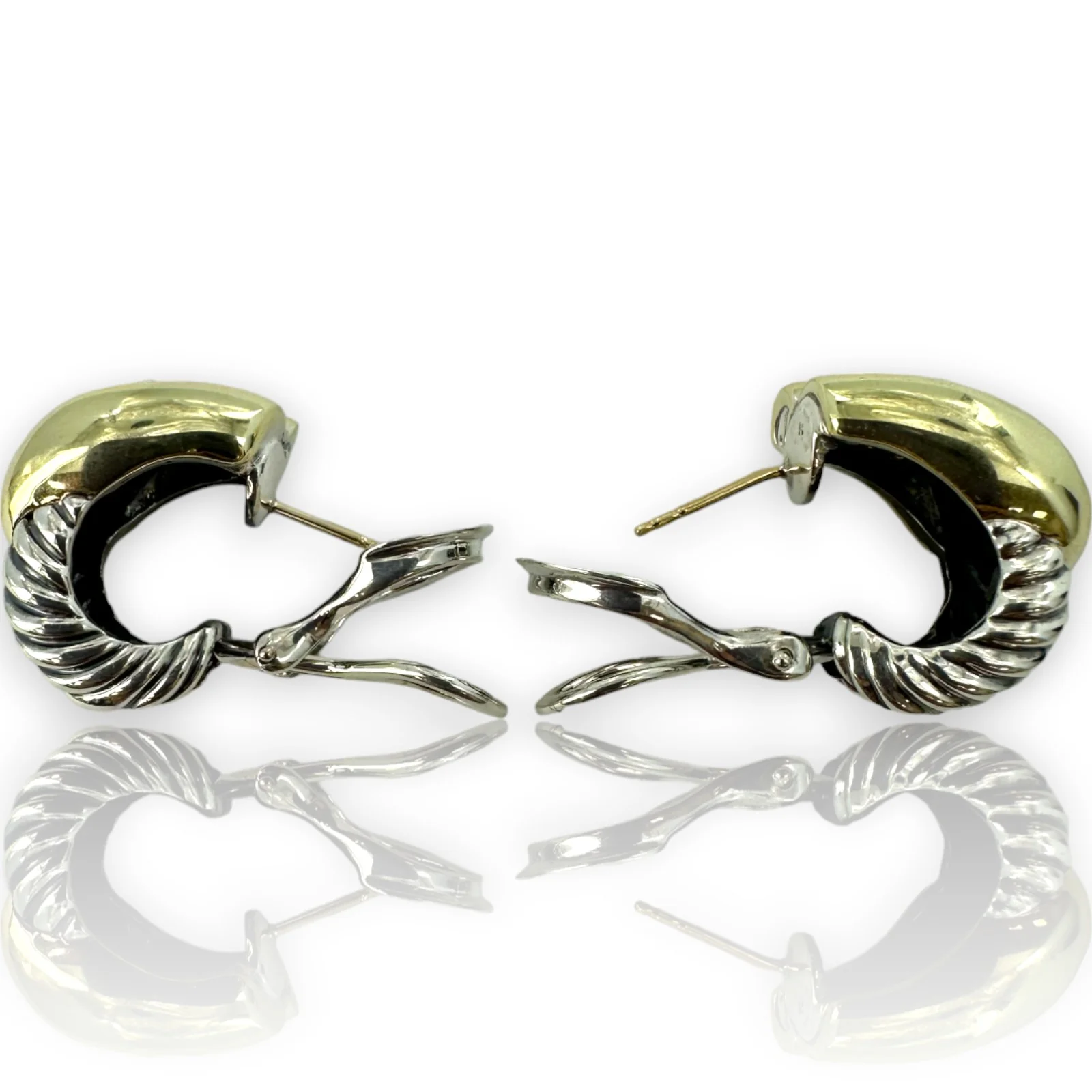 David Yurman Signed Labyrinth Collection Solid 14k Yellow Gold 925 Sterling Silver Omega-Back Clamp Earrings - Image 3