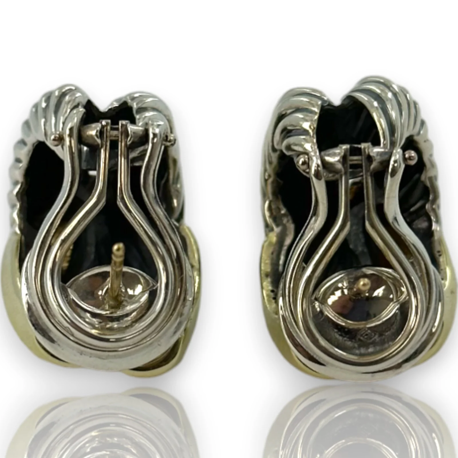 David Yurman Signed Labyrinth Collection Solid 14k Yellow Gold 925 Sterling Silver Omega-Back Clamp Earrings - Image 4