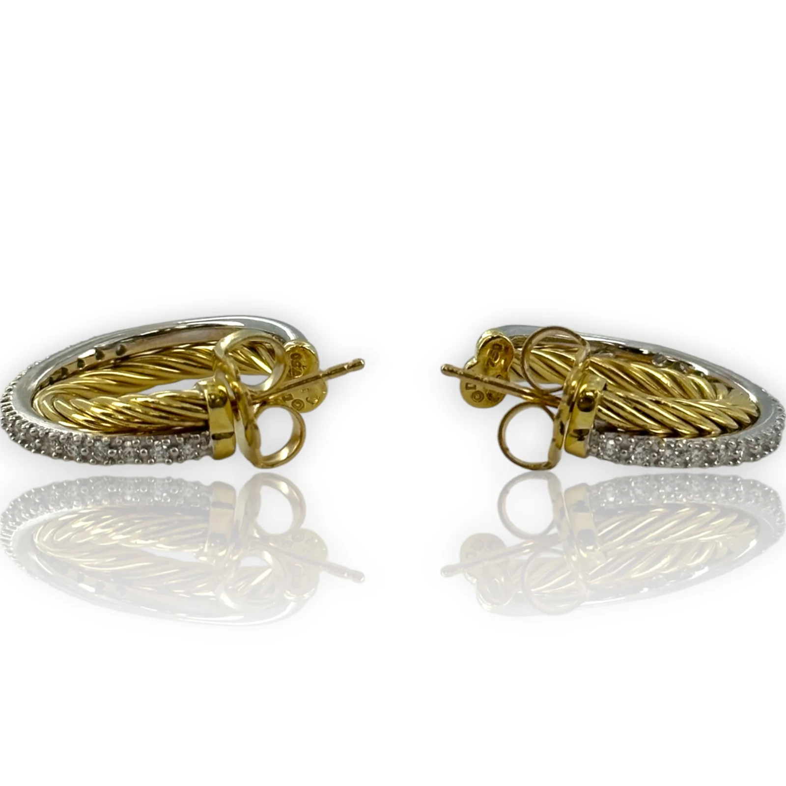 David Yurman Solid 18kt Yellow Gold Crossover 23mm Hoop Cable Earrings with 0.34ctw of Diamonds in Original Pouch - Image 5