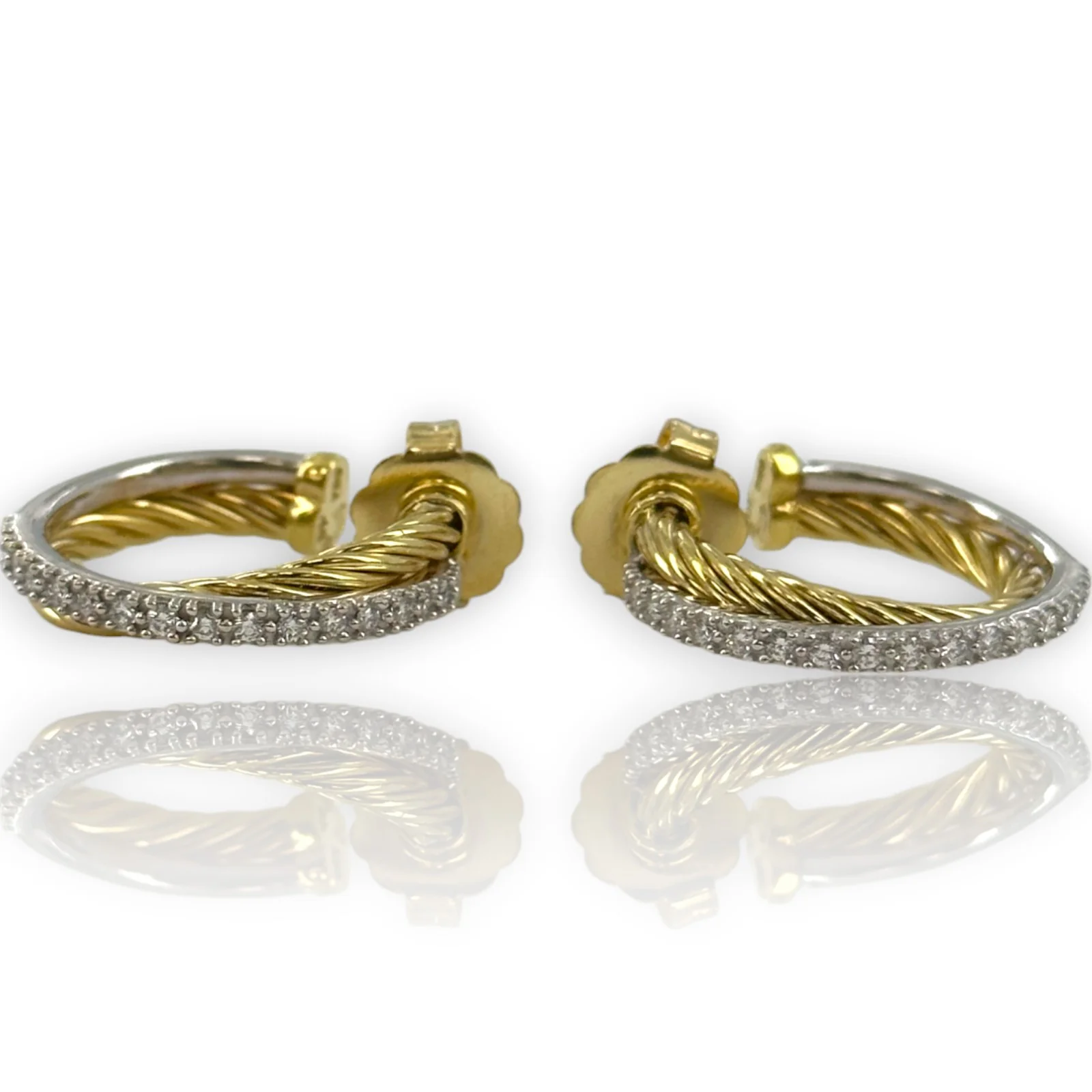 David Yurman Solid 18kt Yellow Gold Crossover 23mm Hoop Cable Earrings with 0.34ctw of Diamonds in Original Pouch - Image 9