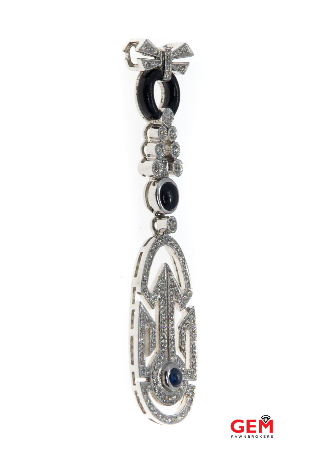 Deco Look White Gold 18k 750 Sapphire Diamond Black Onyx Drop Pendant Charm - Image 3