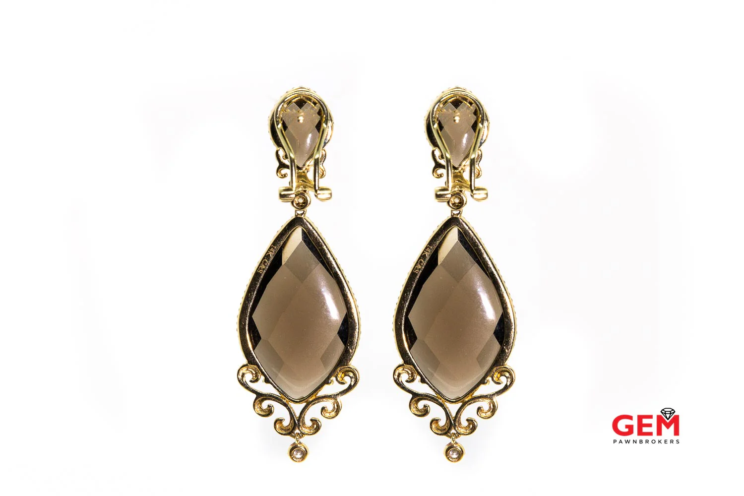 Designer C&S Contemporary Diamond & Smoky Quartz Dangling Earrings 14k 585 Yellow Gold - Image 3
