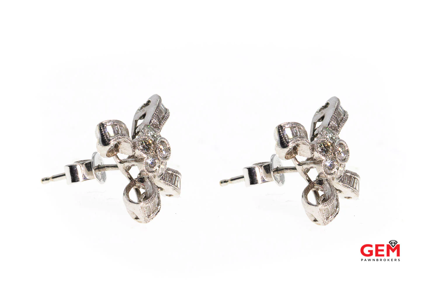 Diamond Cluster Bow Ribbon Stud Earrings 18k 750 White Gold - Image 2