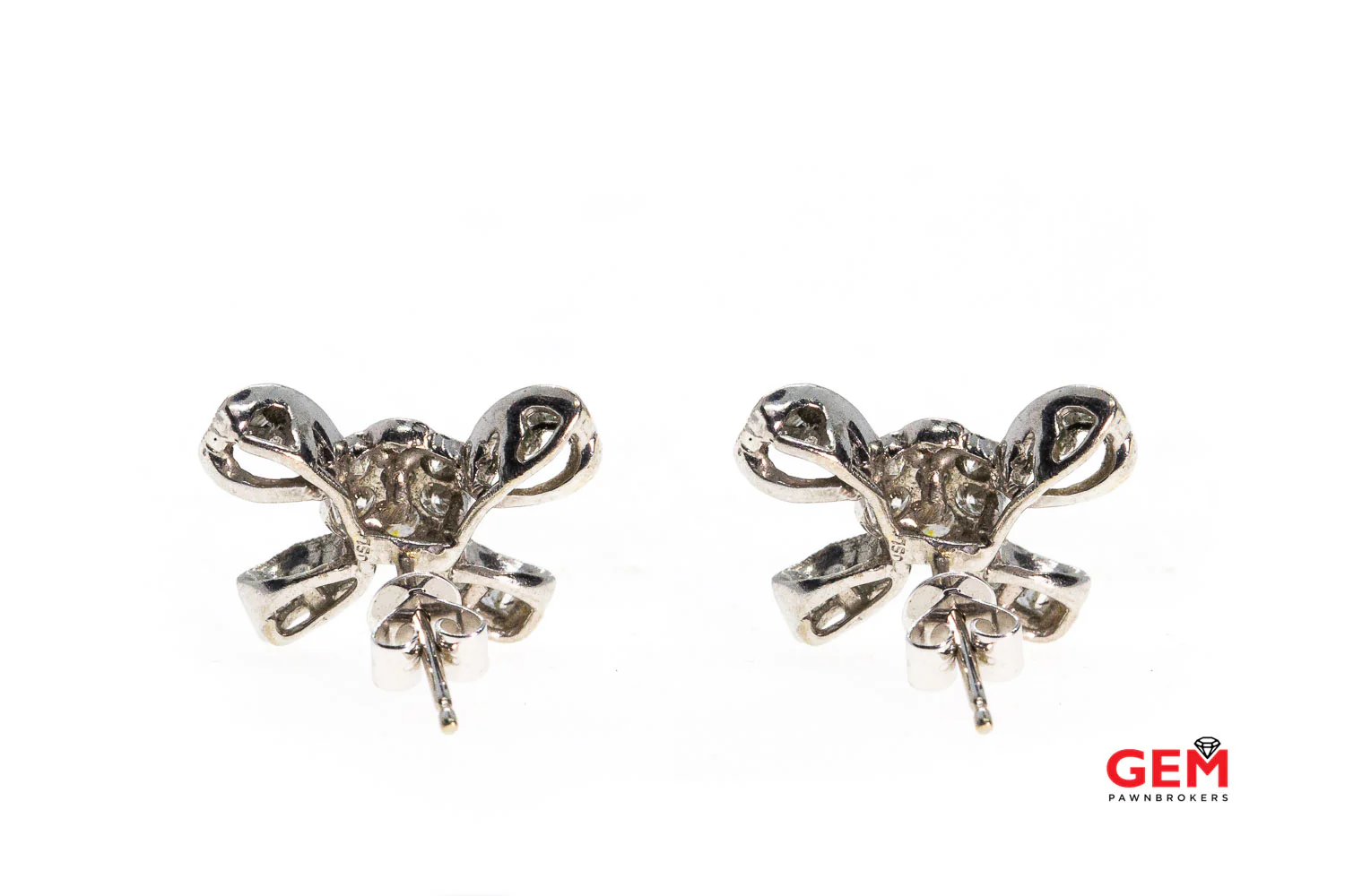 Diamond Cluster Bow Ribbon Stud Earrings 18k 750 White Gold - Image 3