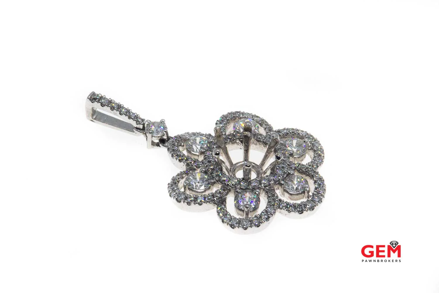 Diamond Floral Halo 18k Solid White Gold 750 Semi Mount 750 Flower Charm Pendant - Image 3