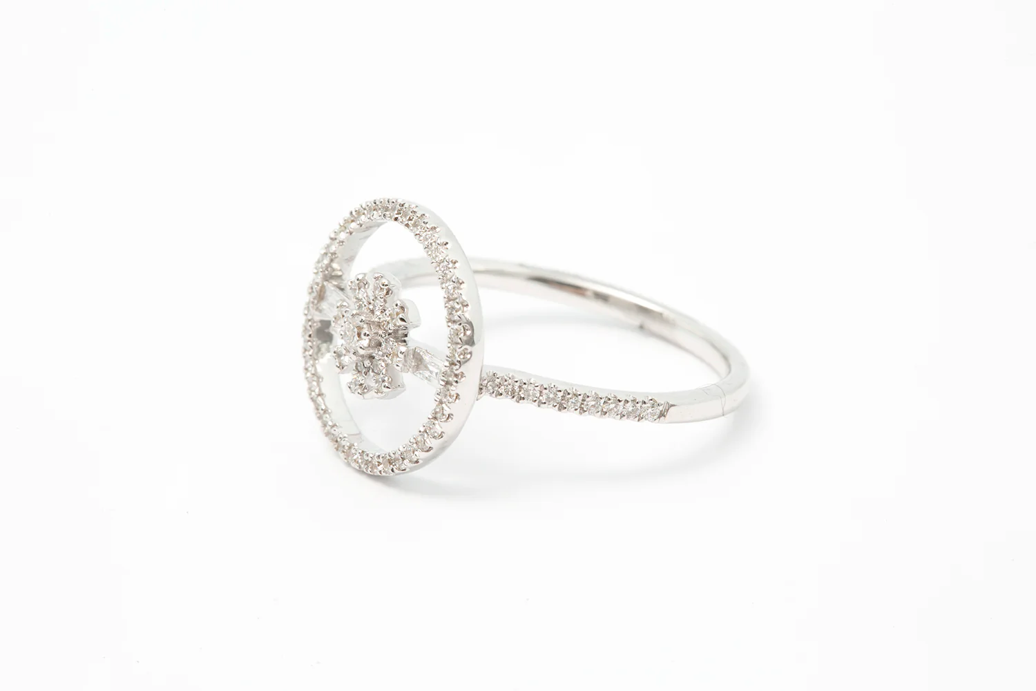 Diamond Flower Motif Star Sun 14k 585 White Gold Cluster Ring - Image 3