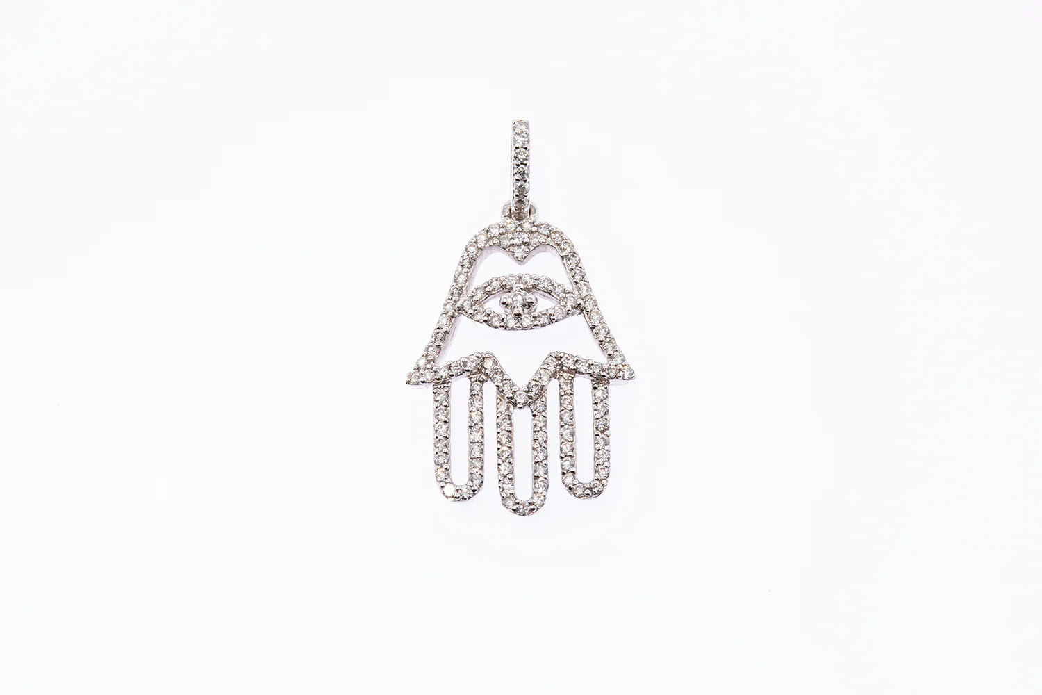 Diamond Pave Hamsa Palm Hand Amulet Charm 18K 750 White Gold Drop Pendant