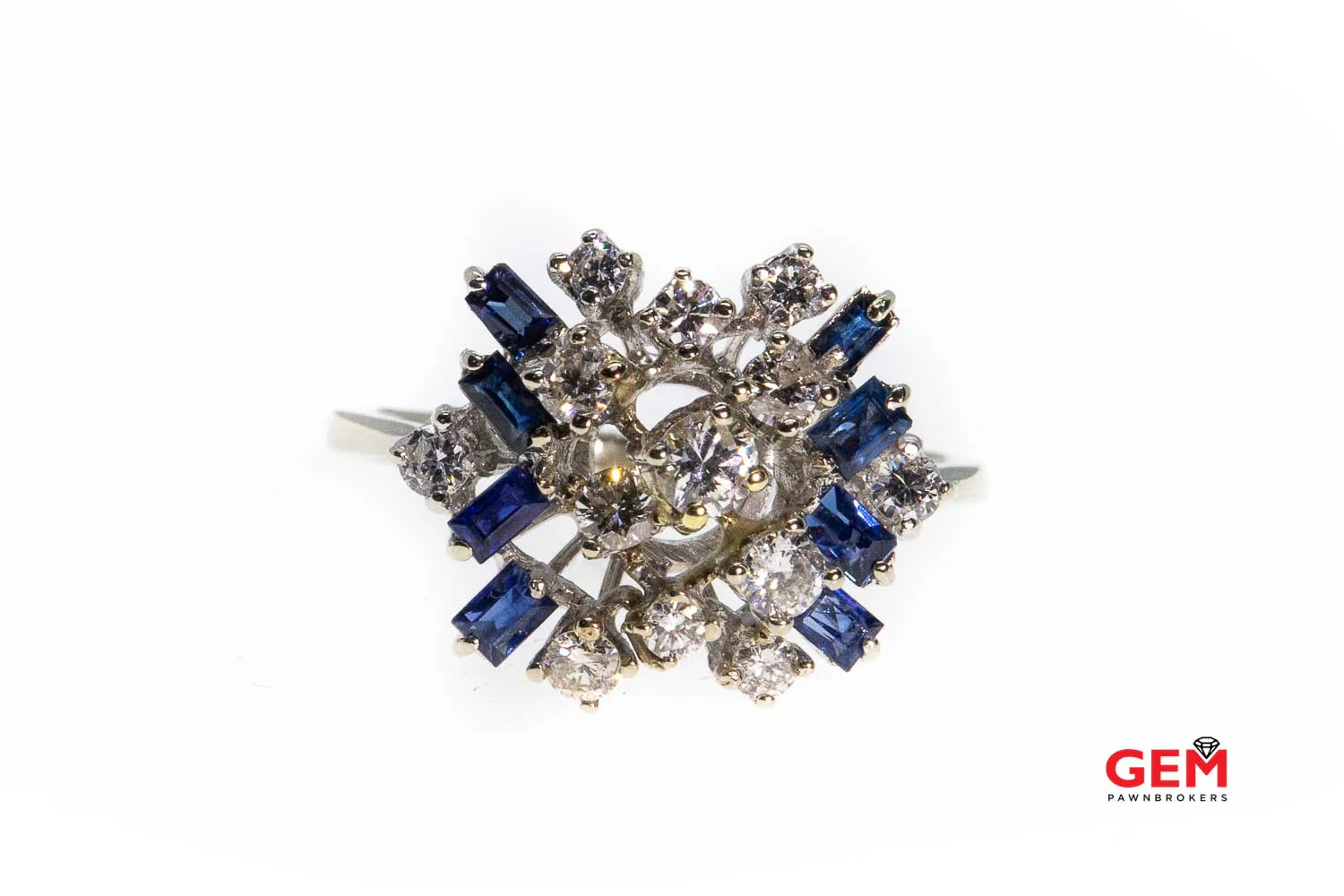 Diamond Sapphire Abstract Cluster Ring 14k 585 White Gold Ring Size 8.5