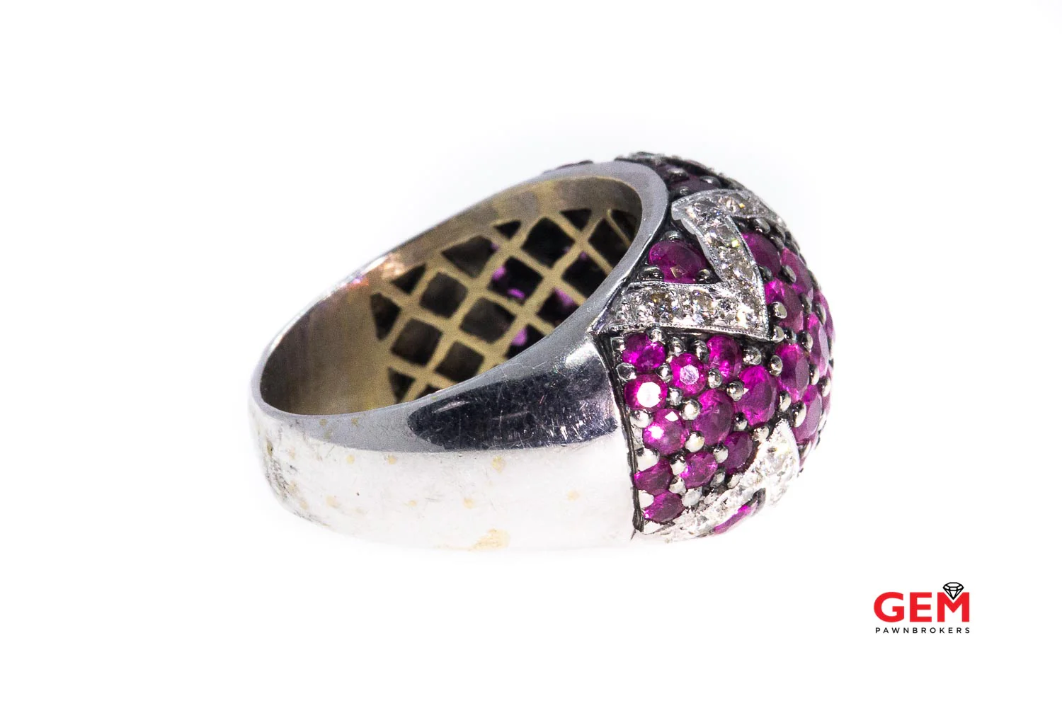 Domed Pink Sapphire & Diamond Cluster 14K 585 White Gold Cocktail Ring Size 8 1/4 - Image 2