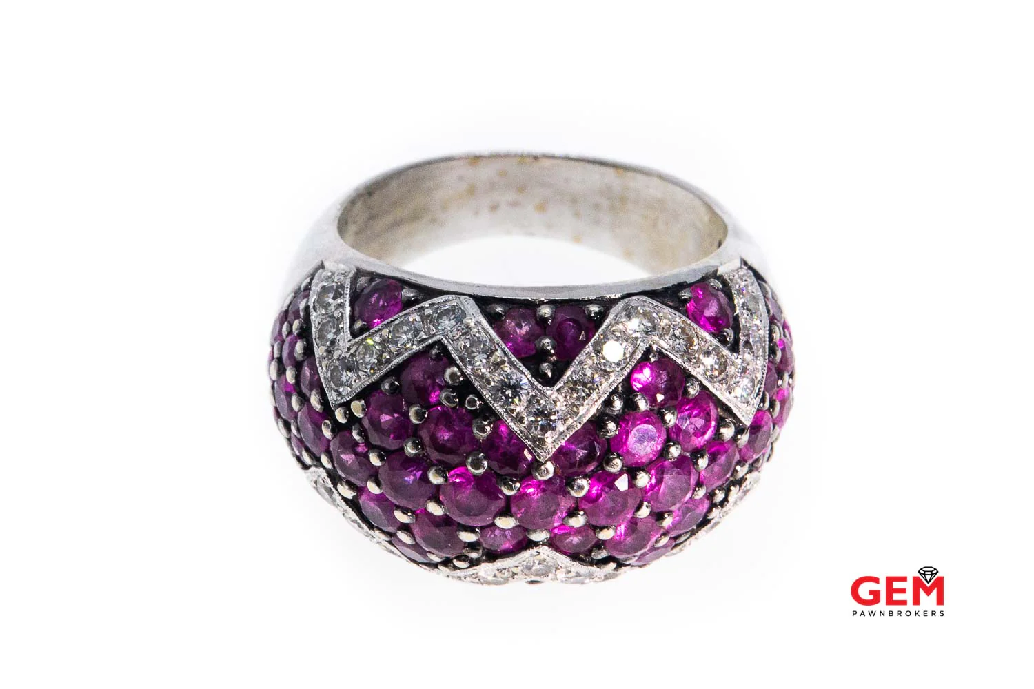 Domed Pink Sapphire & Diamond Cluster 14K 585 White Gold Cocktail Ring Size 8 1/4 - Image 4
