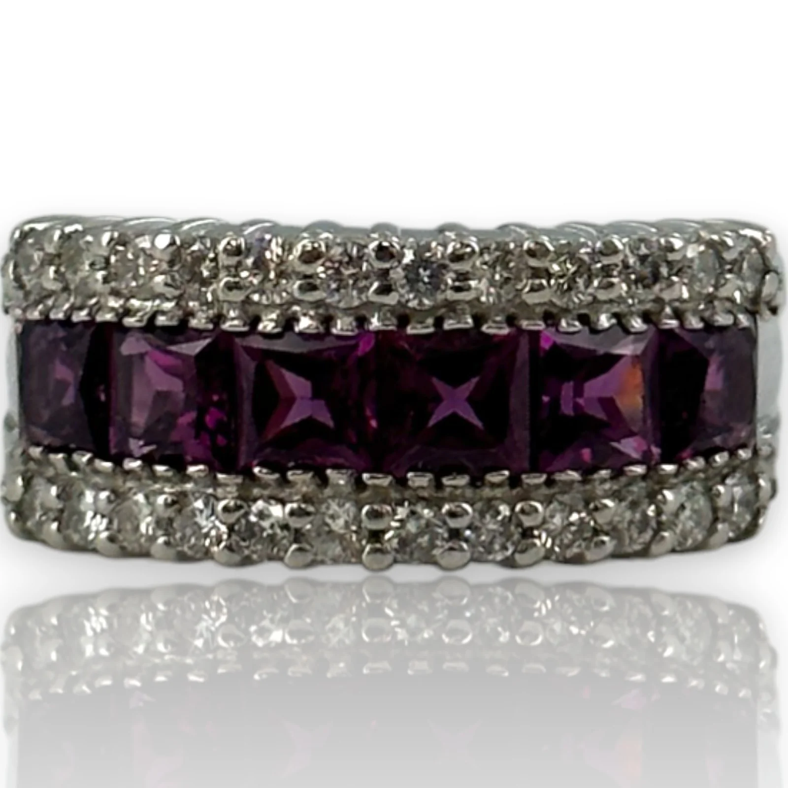 EFFY 14kt White Gold 9.6mm Wide Amethyst and Diamond Band Size 9 Ring - Image 2