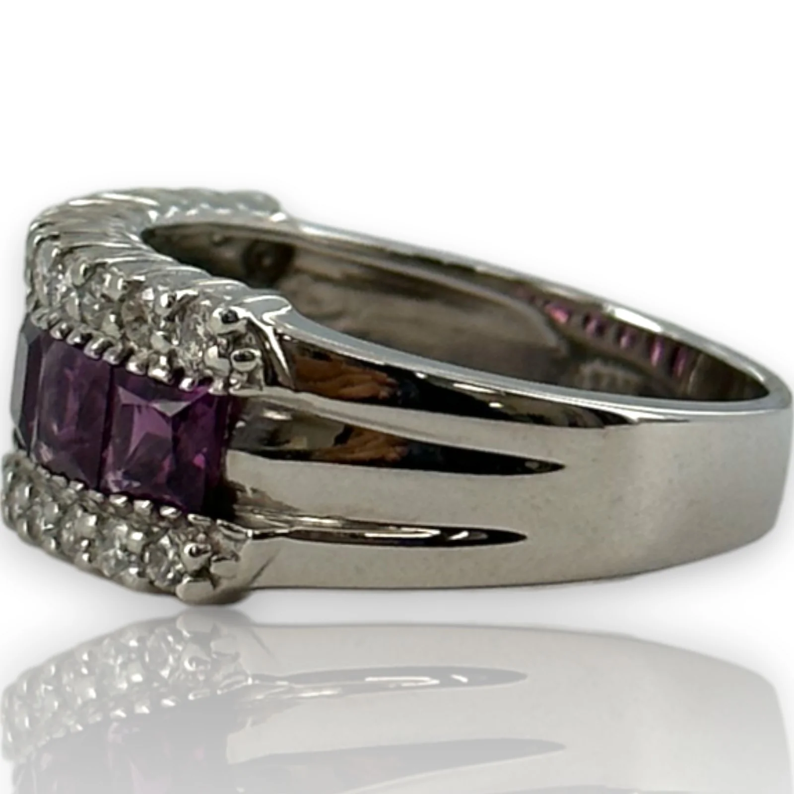 EFFY 14kt White Gold 9.6mm Wide Amethyst and Diamond Band Size 9 Ring - Image 4