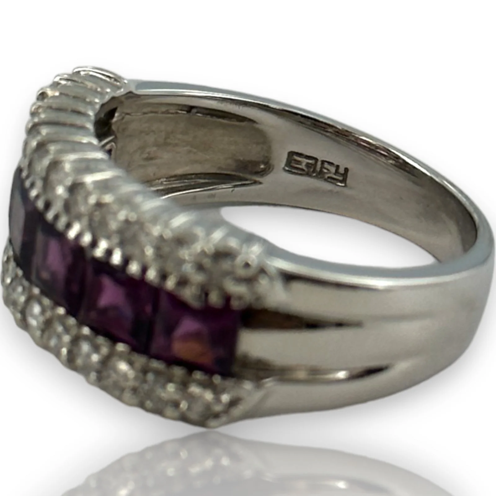EFFY 14kt White Gold 9.6mm Wide Amethyst and Diamond Band Size 9 Ring - Image 7