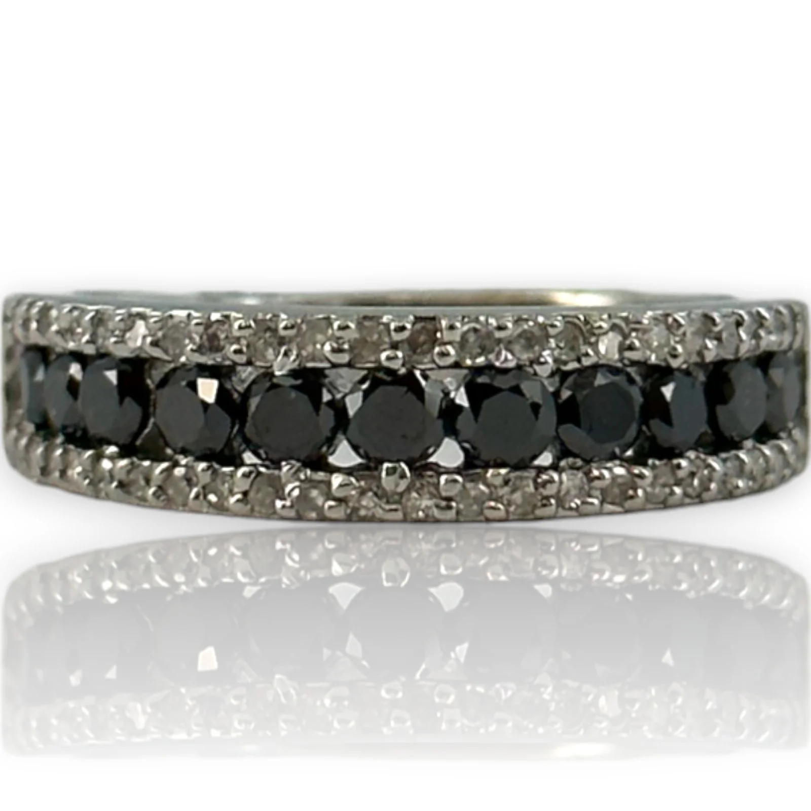 EFFY 14kt White Gold and Black and White Diamond Half-Eternity Ring Band - Image 2