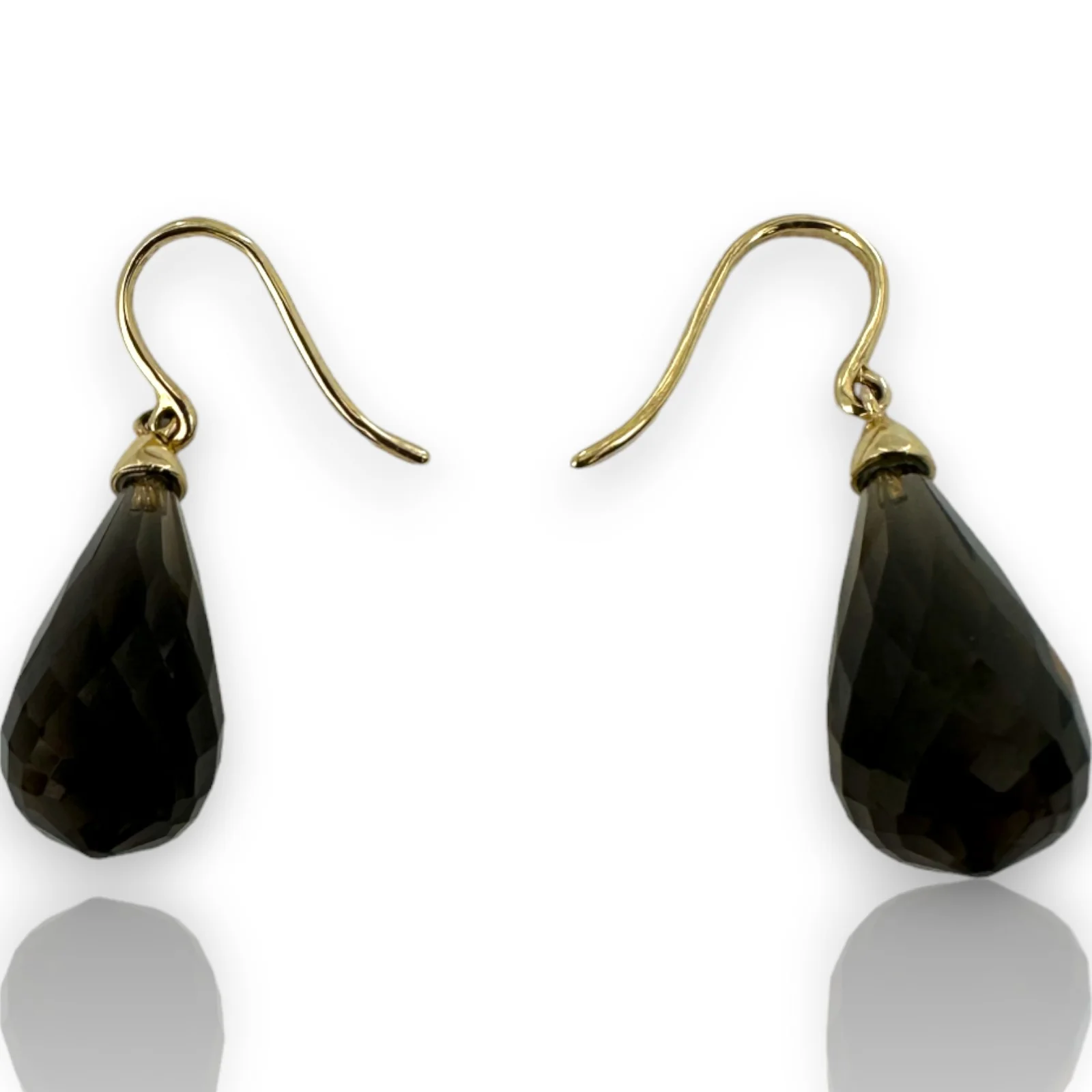 EFFY Signed BH 14k Solid Yellow Gold Smoky Quartz Briolette Hook Wire Drop Dangle Earrings - Image 2