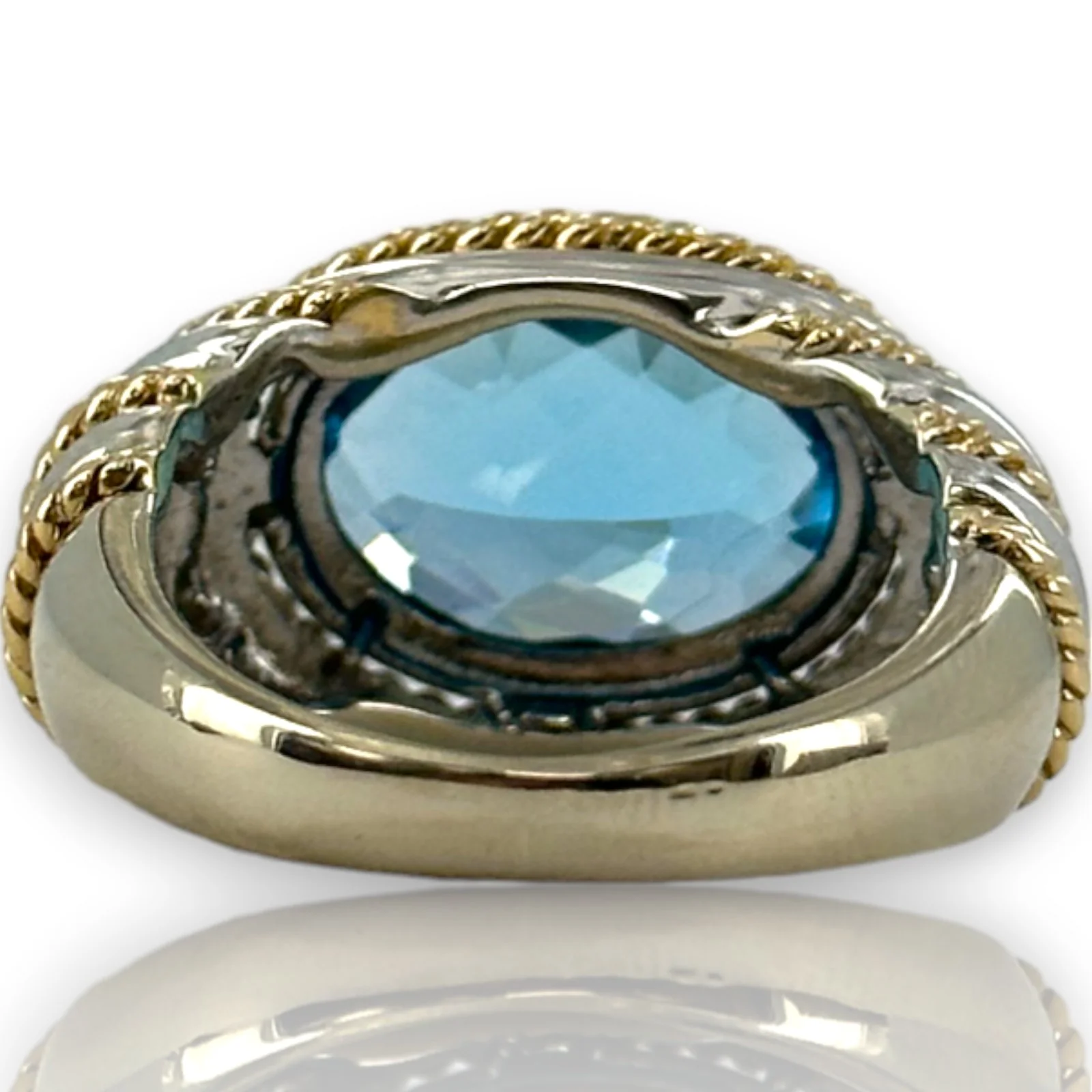 EFFY Signed BH Solid 14kt Two Tone White Gold Yellow Gold Vivid Blue Fantasy Checkerboard Cut Topaz Statement Ring Size 7.75 - Image 4