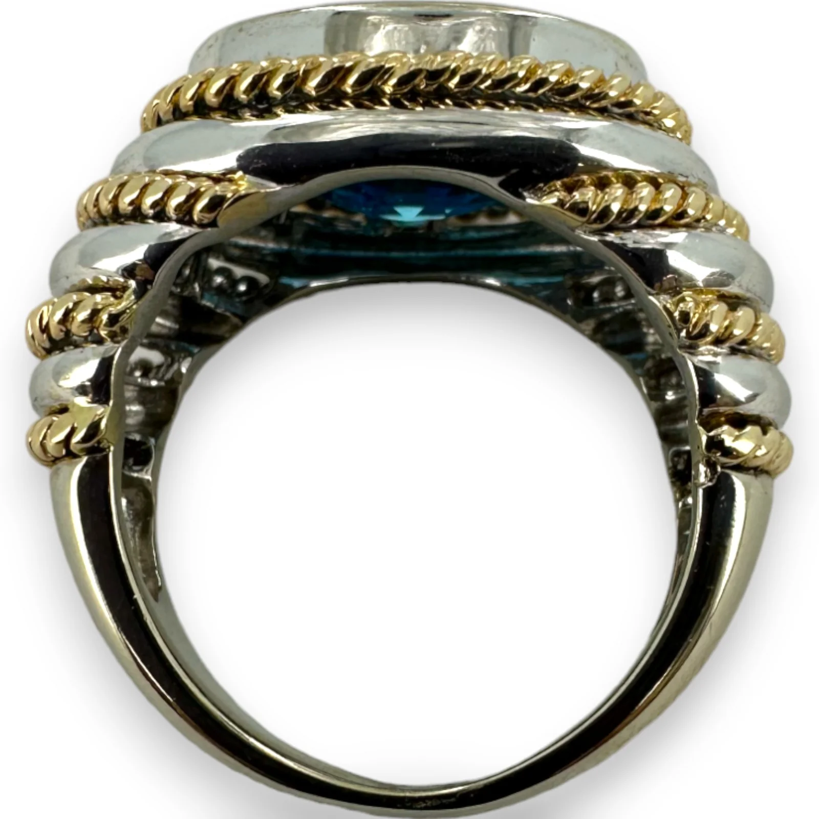 EFFY Signed BH Solid 14kt Two Tone White Gold Yellow Gold Vivid Blue Fantasy Checkerboard Cut Topaz Statement Ring Size 7.75 - Image 5