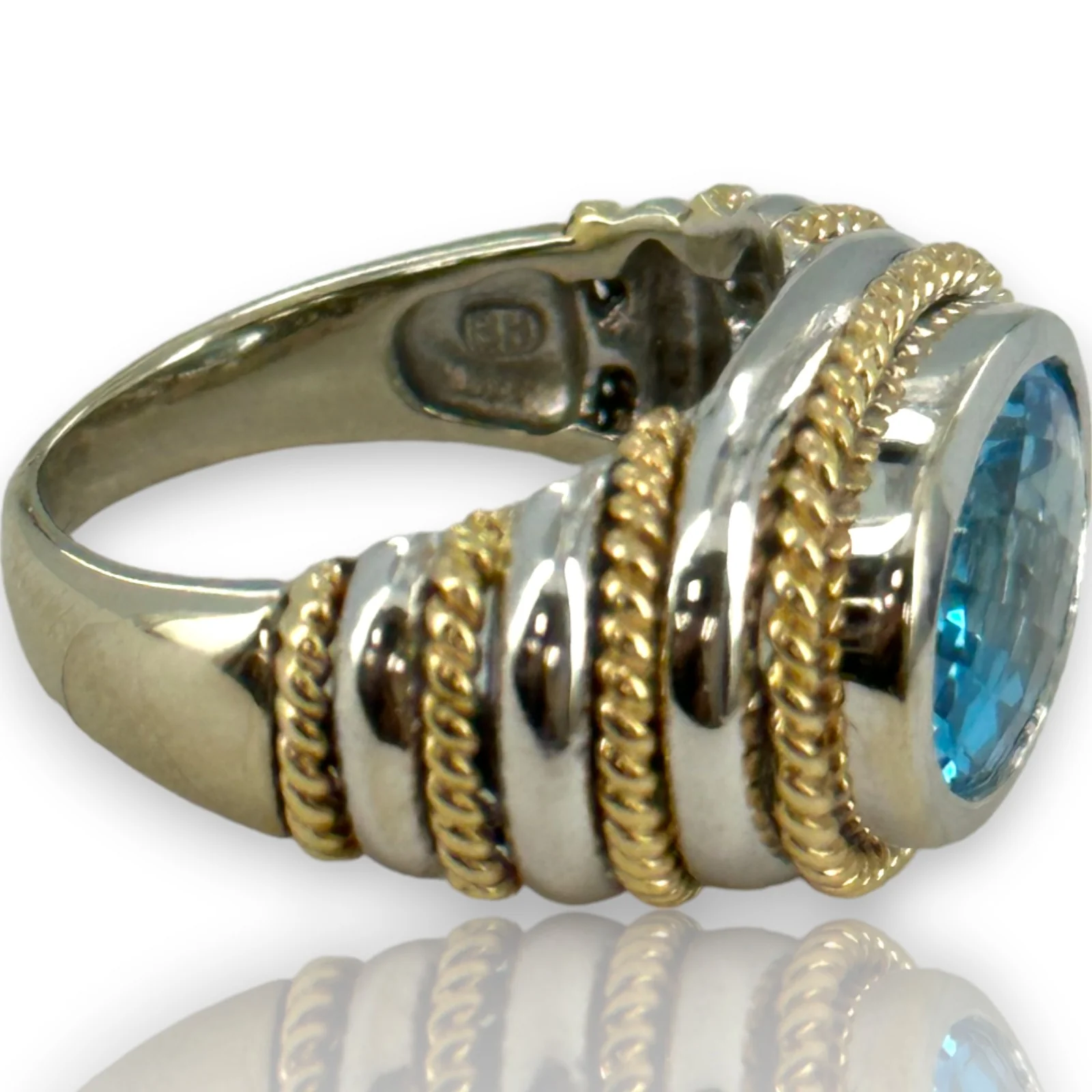 EFFY Signed BH Solid 14kt Two Tone White Gold Yellow Gold Vivid Blue Fantasy Checkerboard Cut Topaz Statement Ring Size 7.75 - Image 6