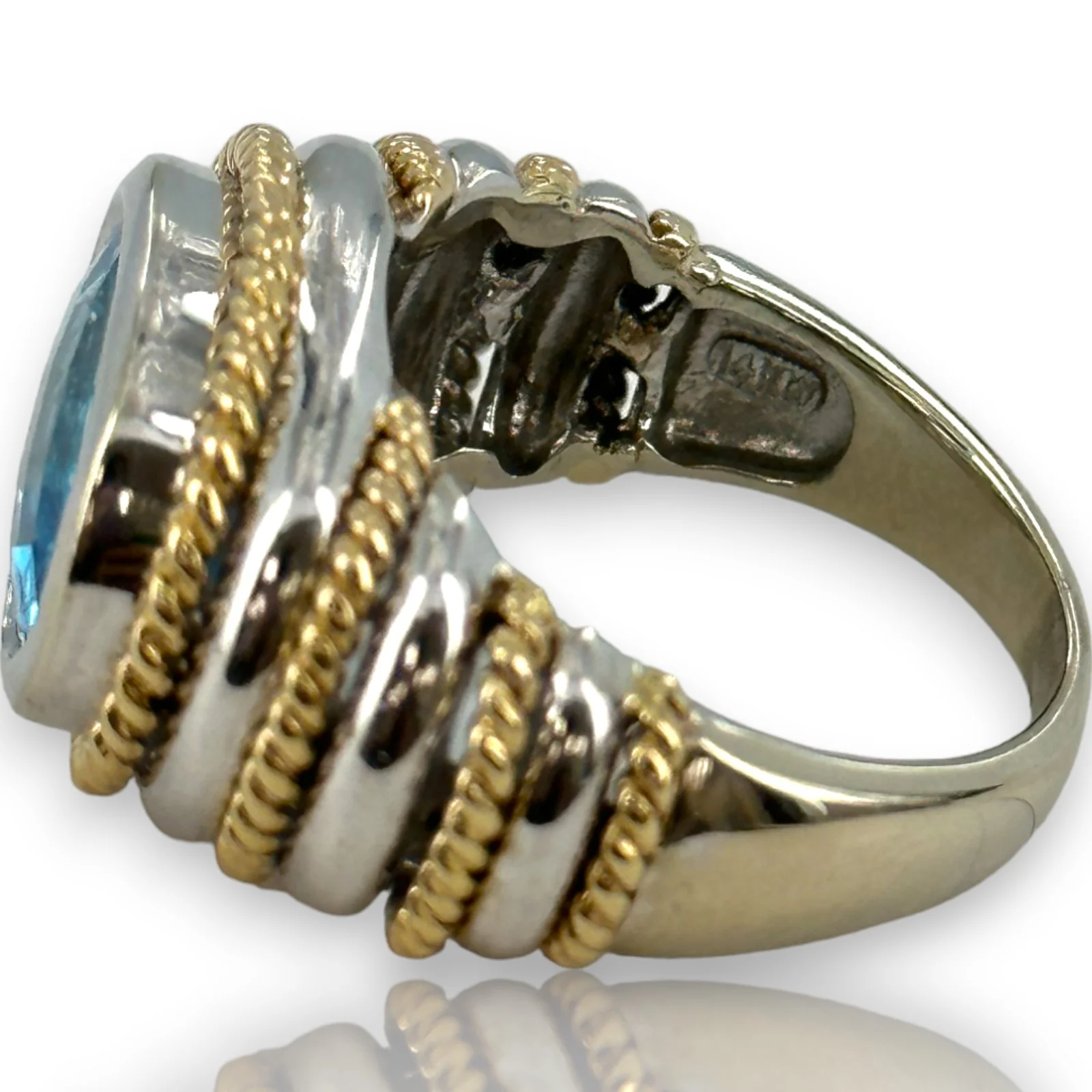 EFFY Signed BH Solid 14kt Two Tone White Gold Yellow Gold Vivid Blue Fantasy Checkerboard Cut Topaz Statement Ring Size 7.75 - Image 7