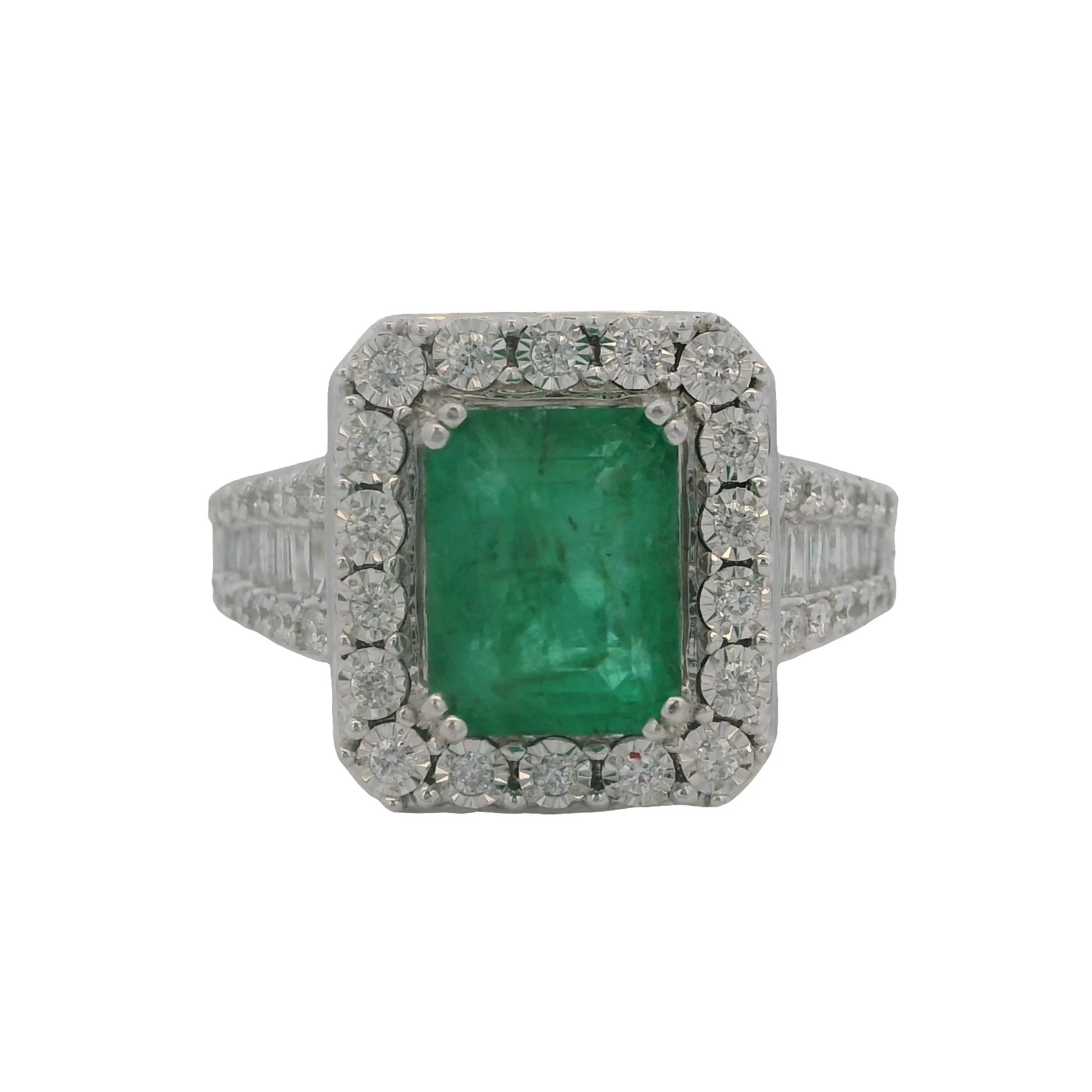EFFY Solid 14kt White Gold "Brasilica" Emerald and Diamond Halo Cocktail Ring Size 7