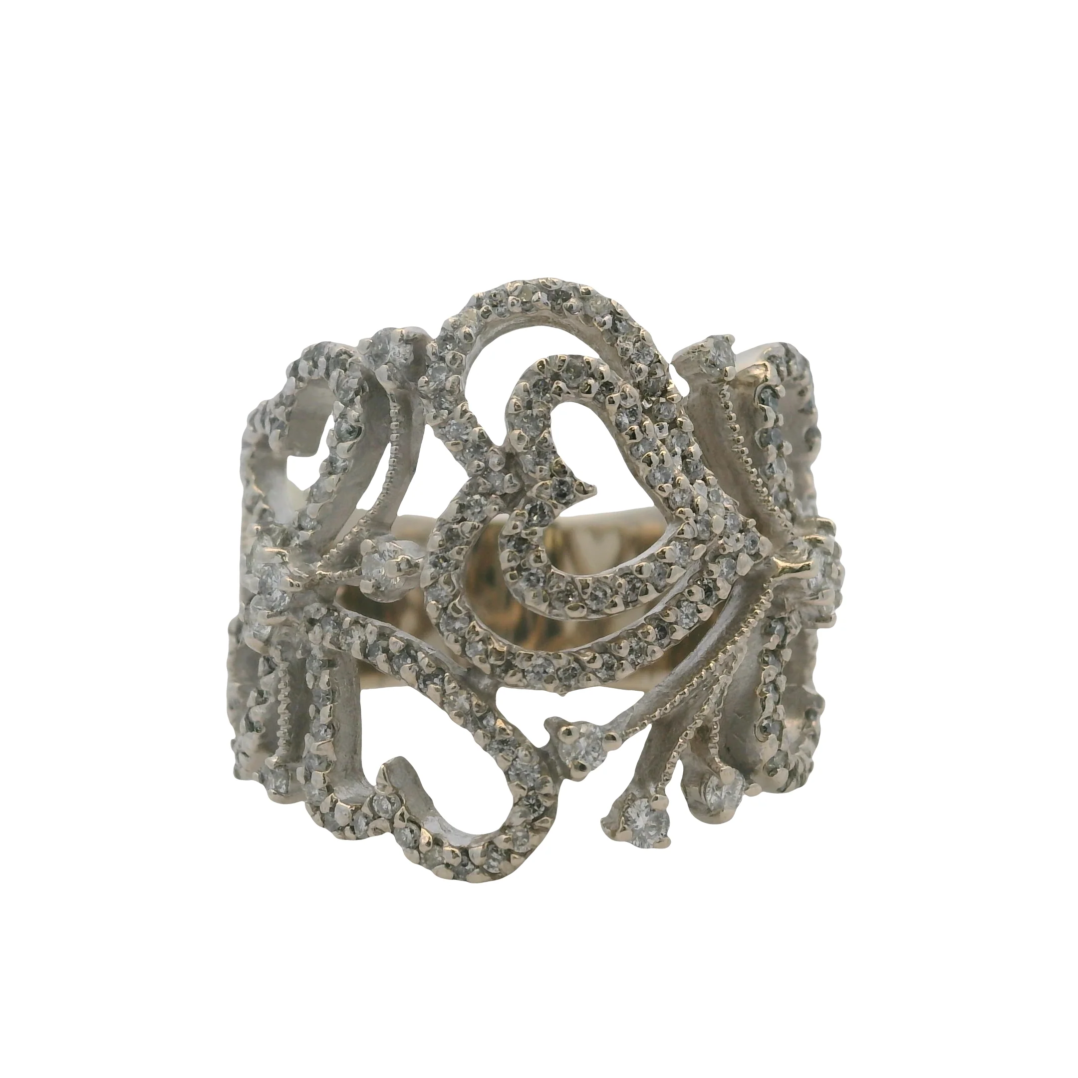 EFFY Solid 14kt White Gold Diamond Swirl Heart Statement 20mm Cluster Ring Size 7.5