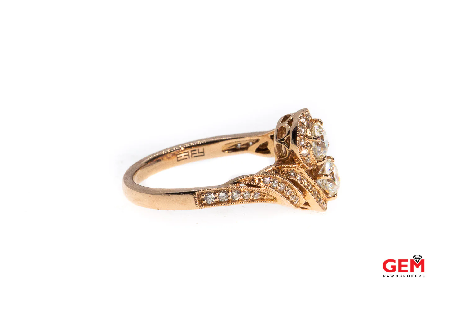 Effy Two Stone Diamond Pave Band 14K 585 Rose Gold Milgrain Accent Ring Sz 6 3/4 - Image 4