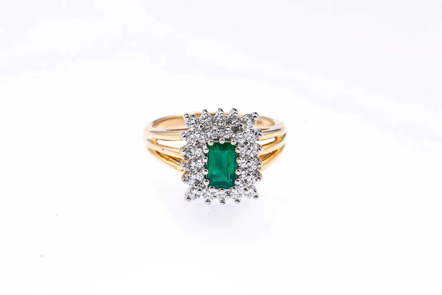 Emerald & Diamond Cluster14K 585 Yellow & White Gold Ring Size 6 1/2
