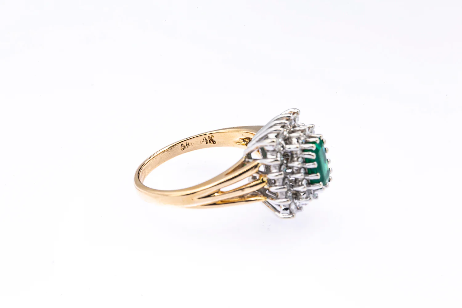 Emerald & Diamond Cluster14K 585 Yellow & White Gold Ring Size 6 1/2 - Image 4