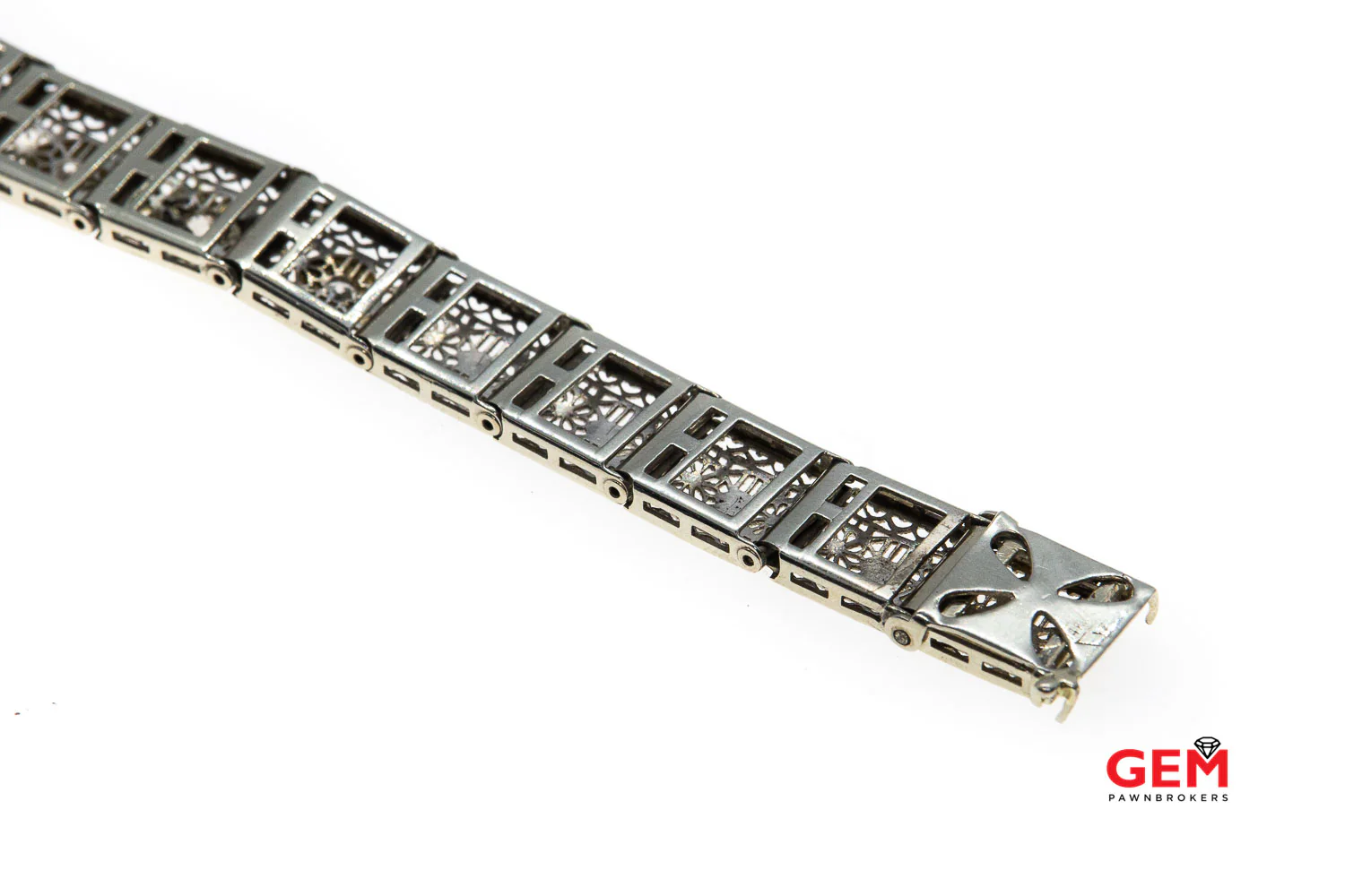 Estate Diamond Filigree Accent 14K 585 White Gold Pierced Bracelet - Image 10