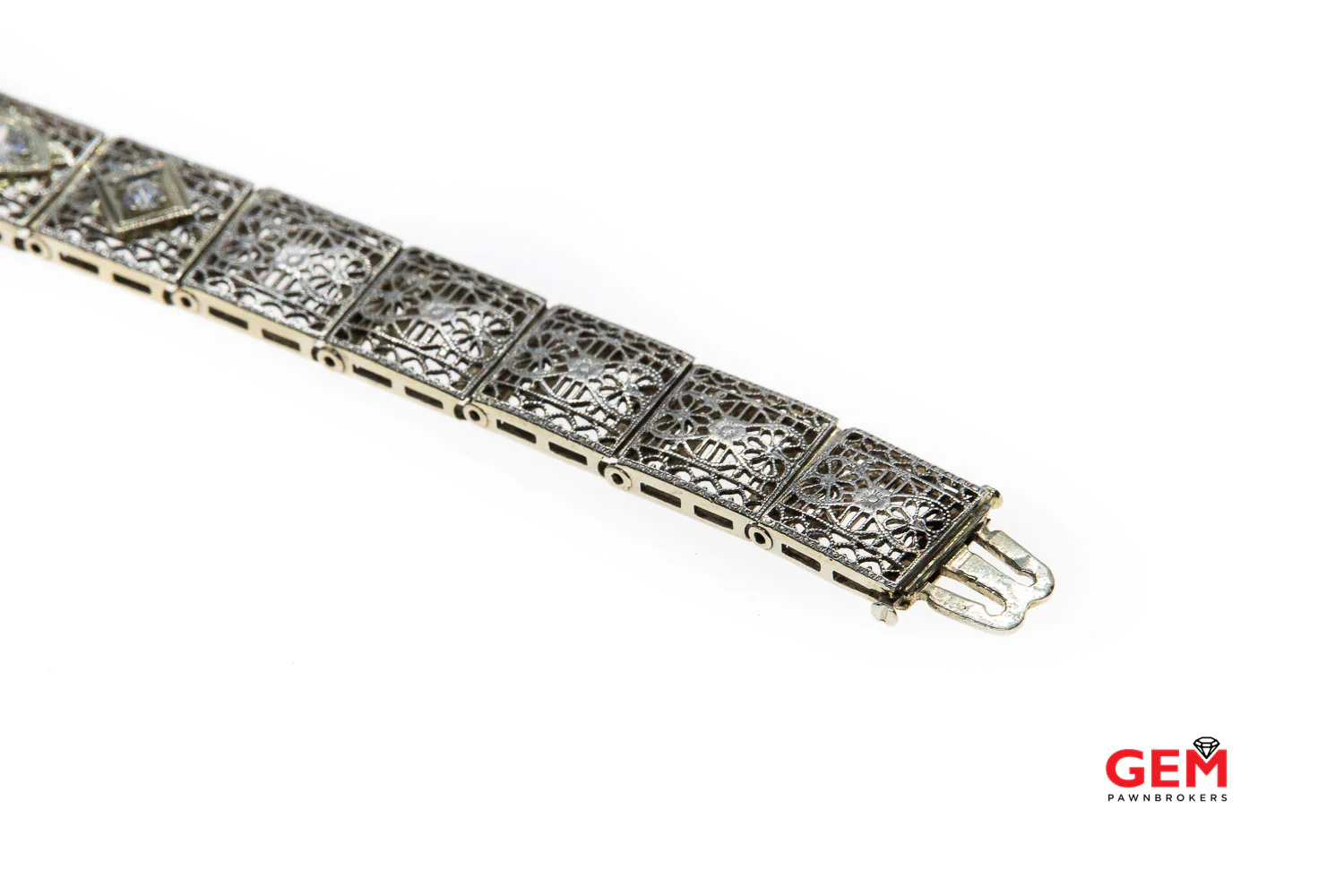 Estate Diamond Filigree Accent 14K 585 White Gold Pierced Bracelet - Image 11