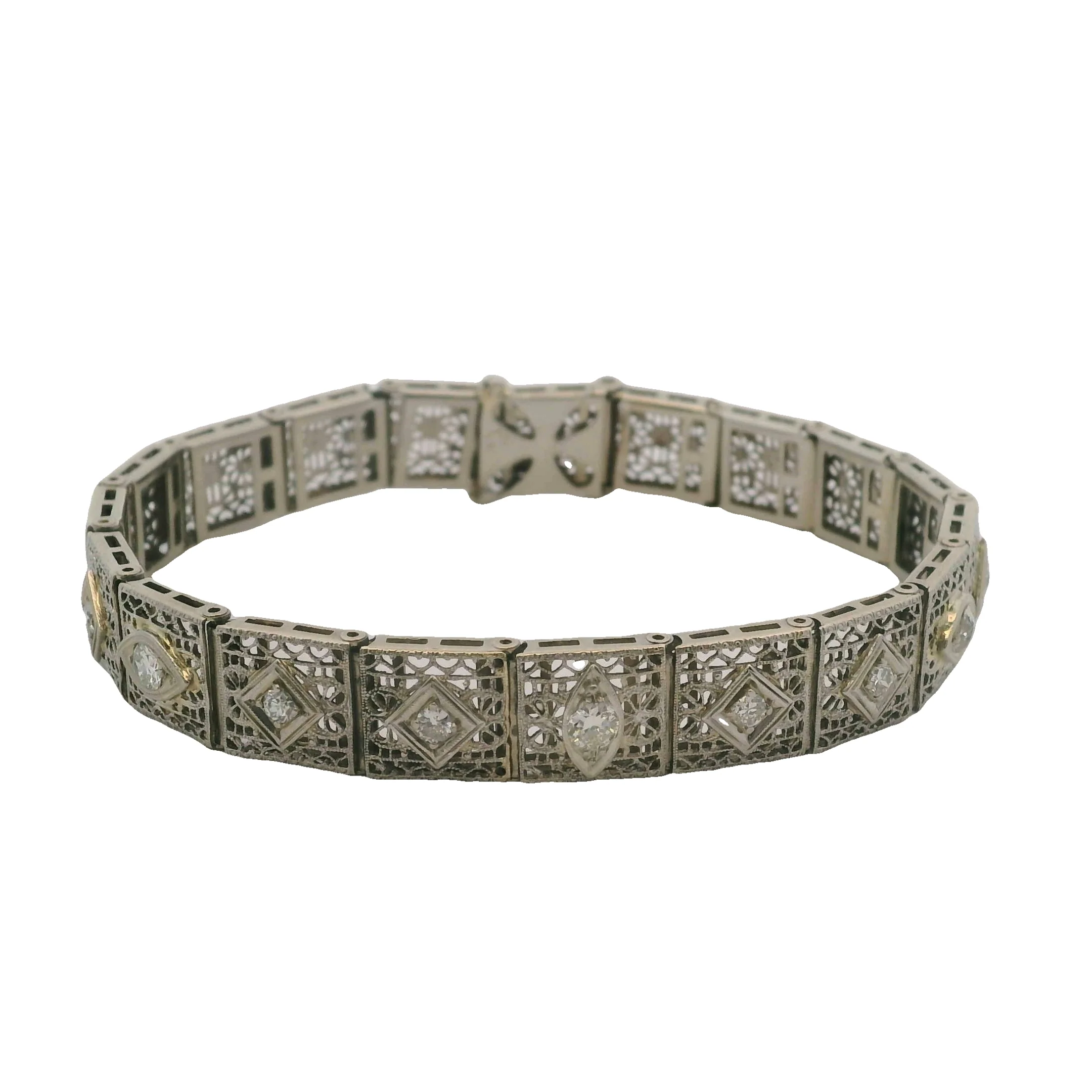 Estate Diamond Filigree Accent 14K 585 White Gold Pierced Bracelet - Image 3