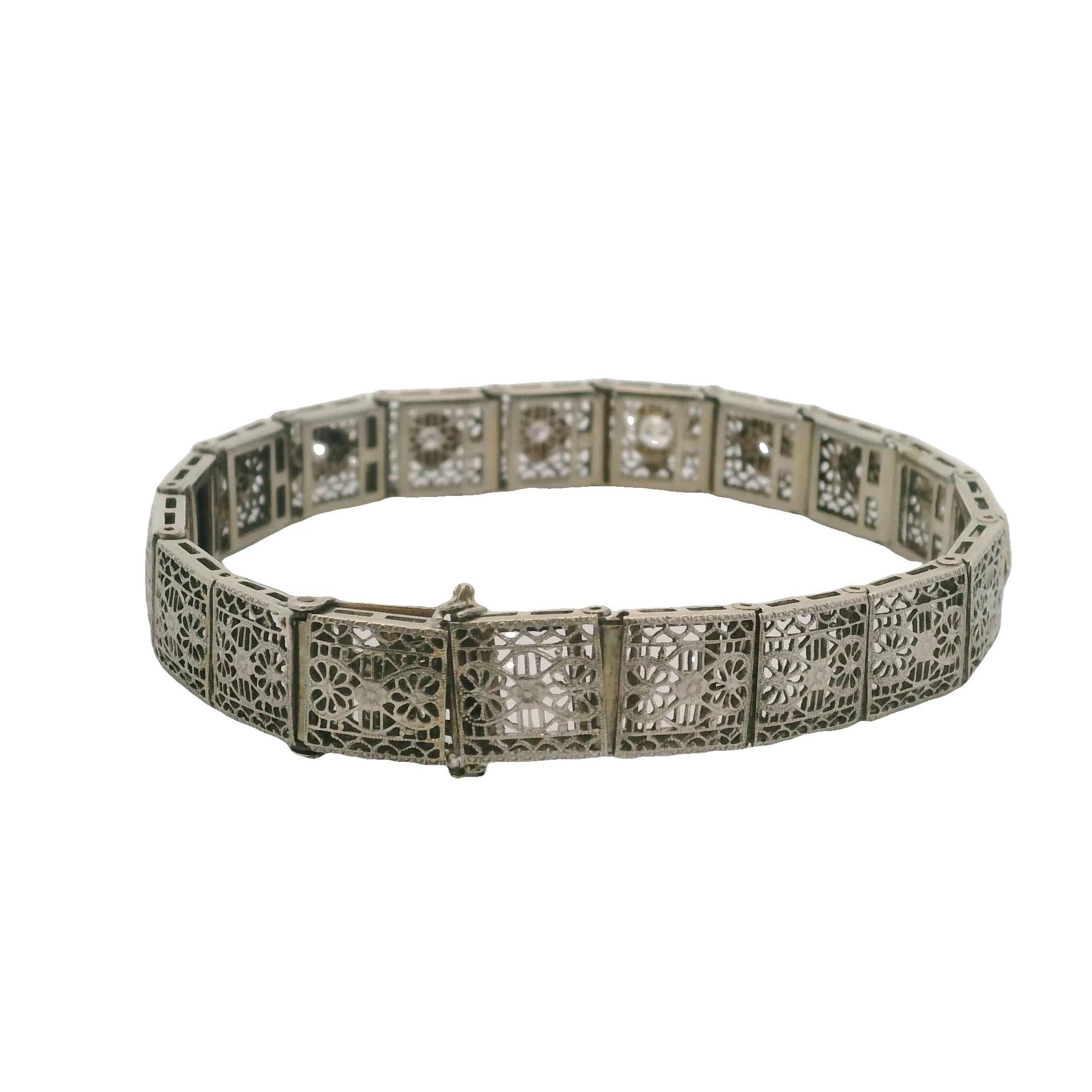 Estate Diamond Filigree Accent 14K 585 White Gold Pierced Bracelet - Image 4