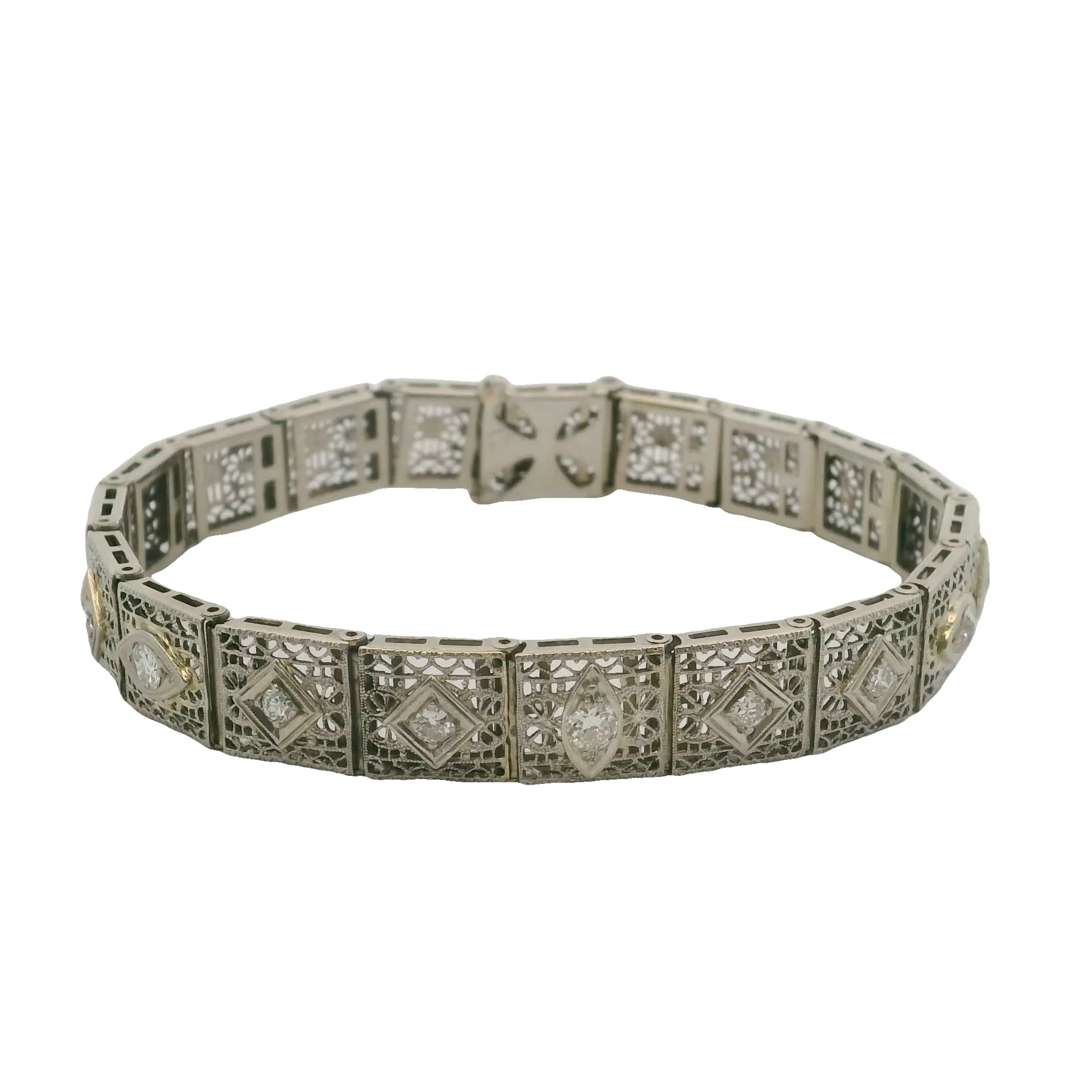 Estate Diamond Filigree Accent 14K 585 White Gold Pierced Bracelet - Image 5