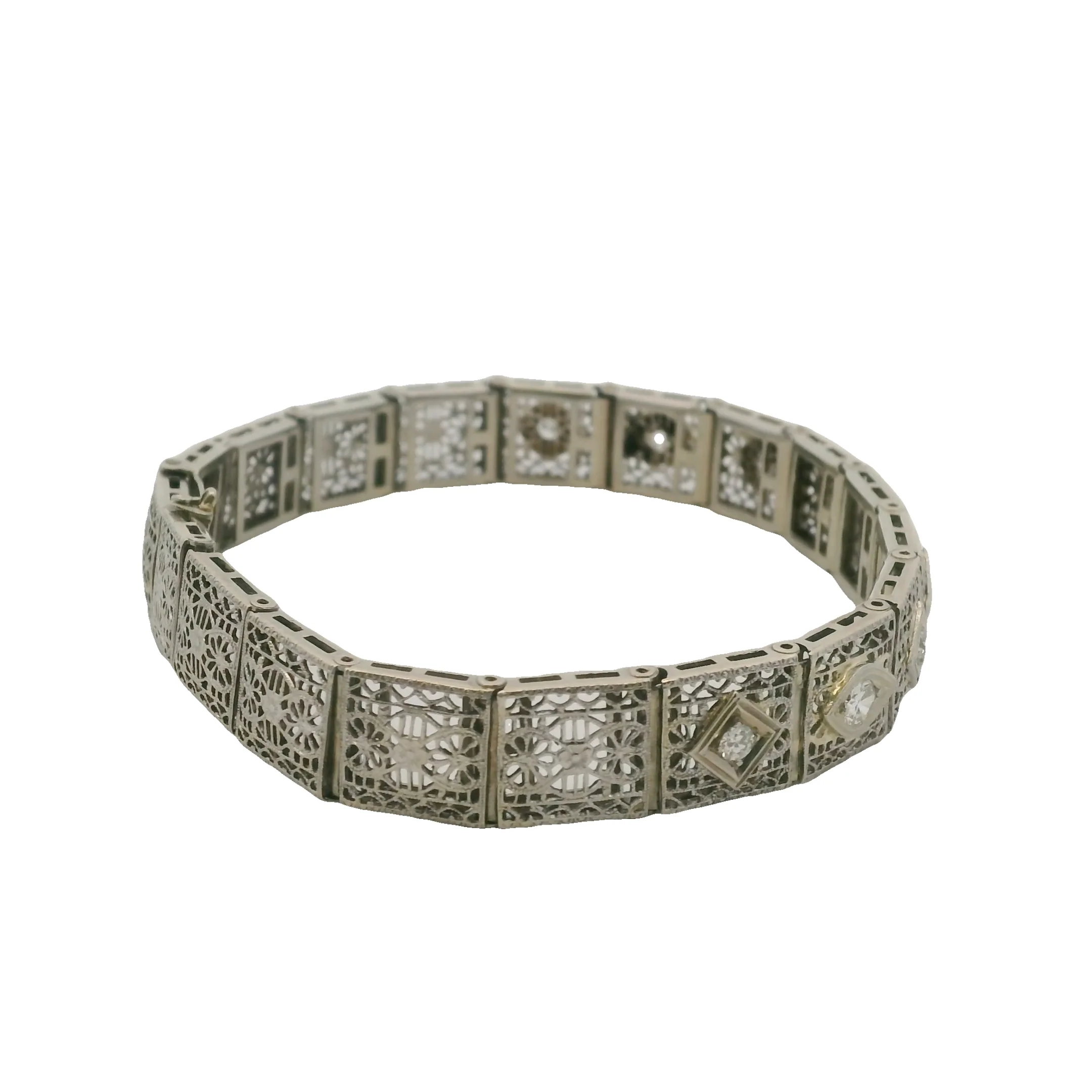 Estate Diamond Filigree Accent 14K 585 White Gold Pierced Bracelet - Image 6