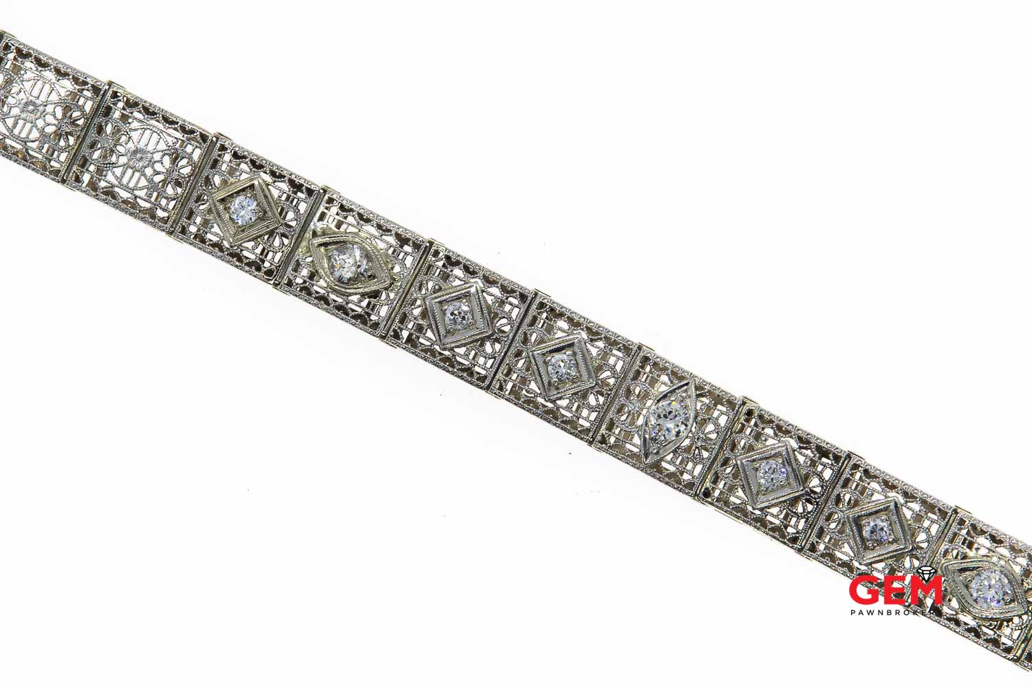 Estate Diamond Filigree Accent 14K 585 White Gold Pierced Bracelet - Image 7