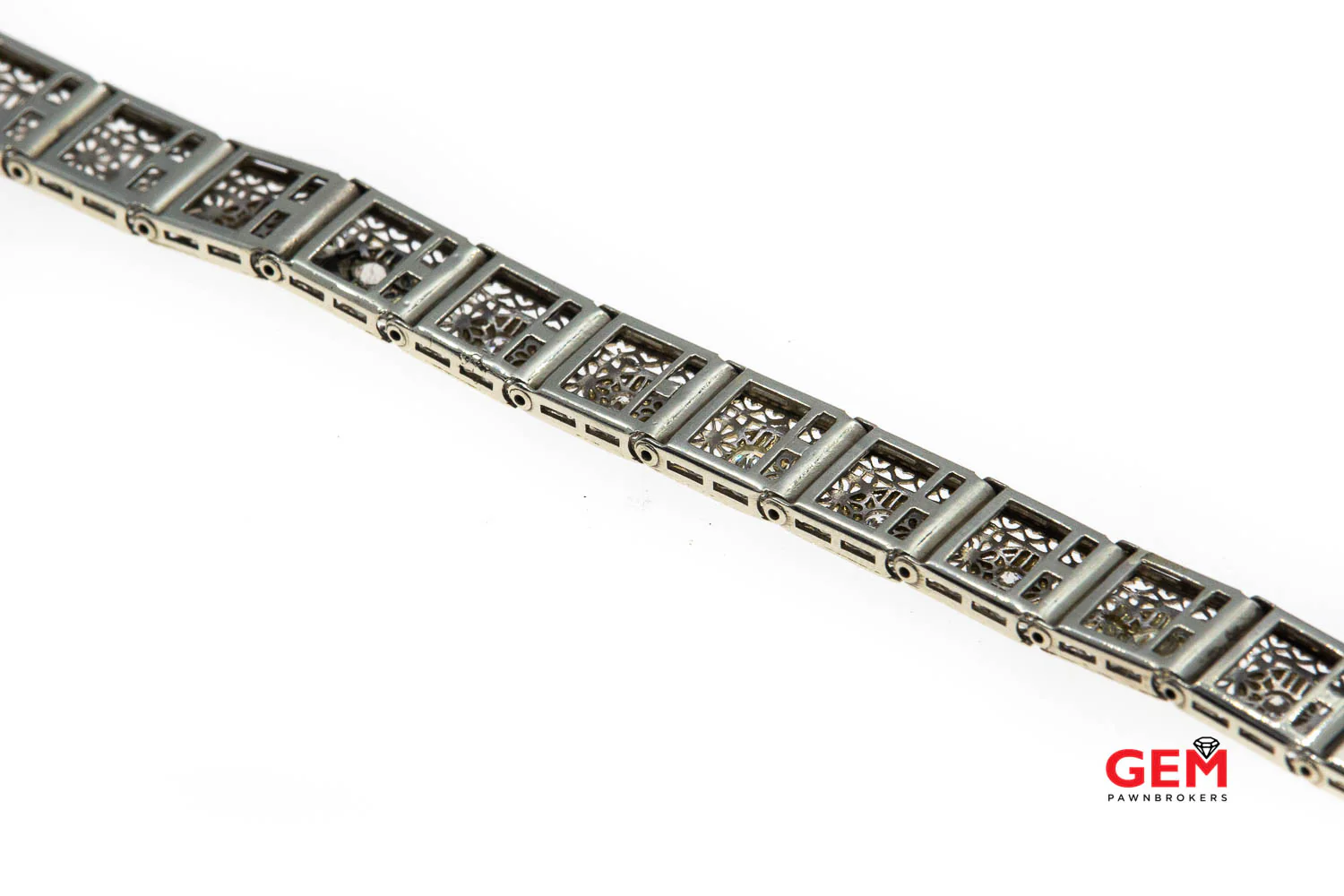 Estate Diamond Filigree Accent 14K 585 White Gold Pierced Bracelet - Image 8