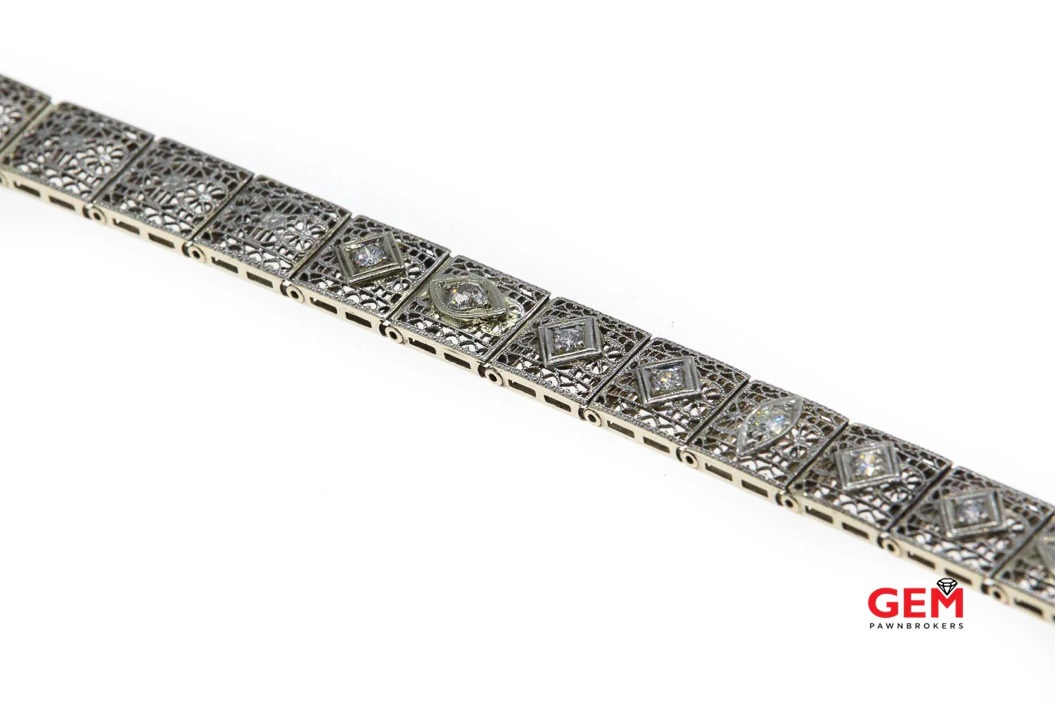 Estate Diamond Filigree Accent 14K 585 White Gold Pierced Bracelet - Image 9