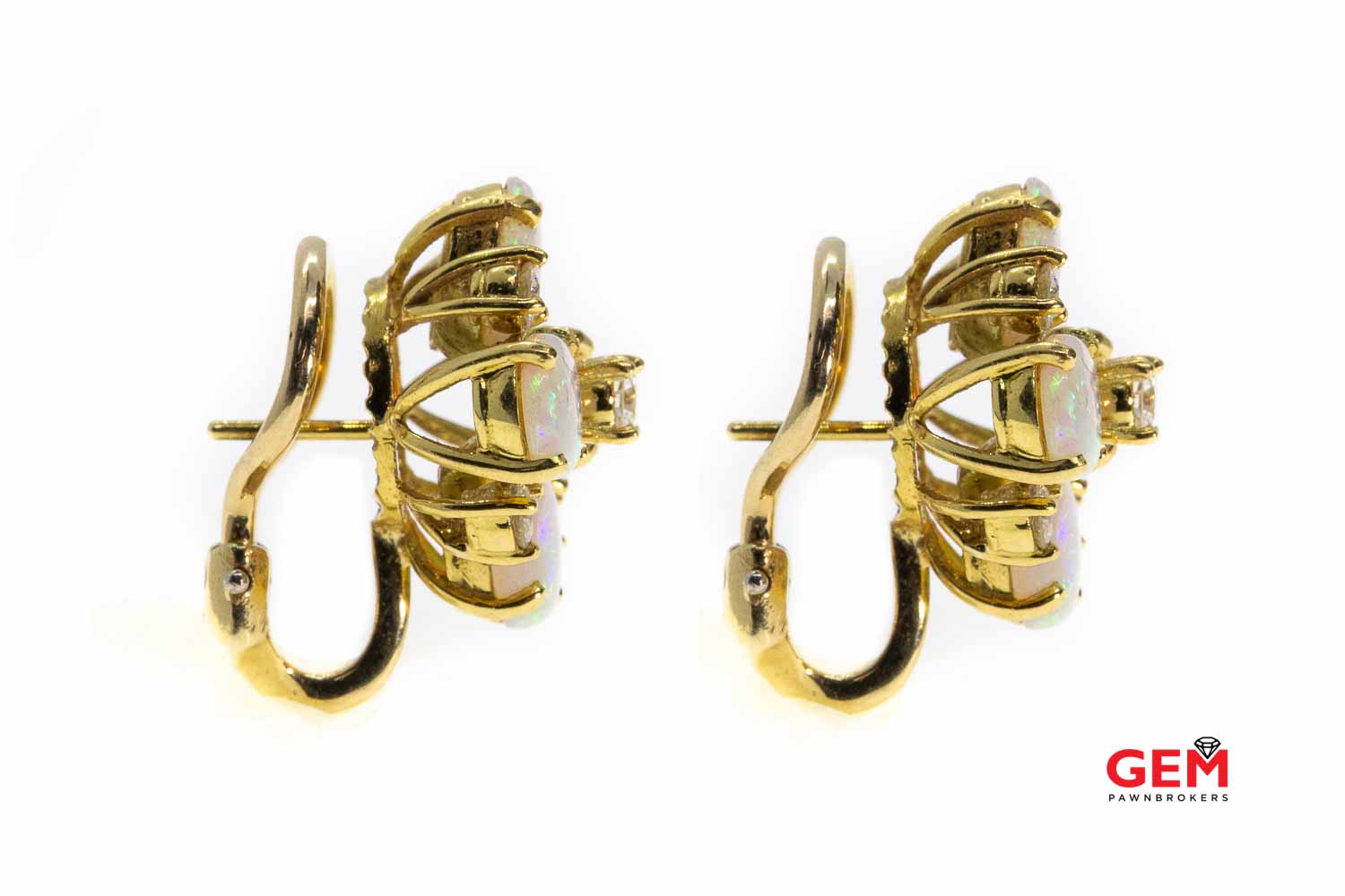 Fine Solid 14k 585 Yellow Gold Opal Cabochon Diamond Flower Earrings - Image 3