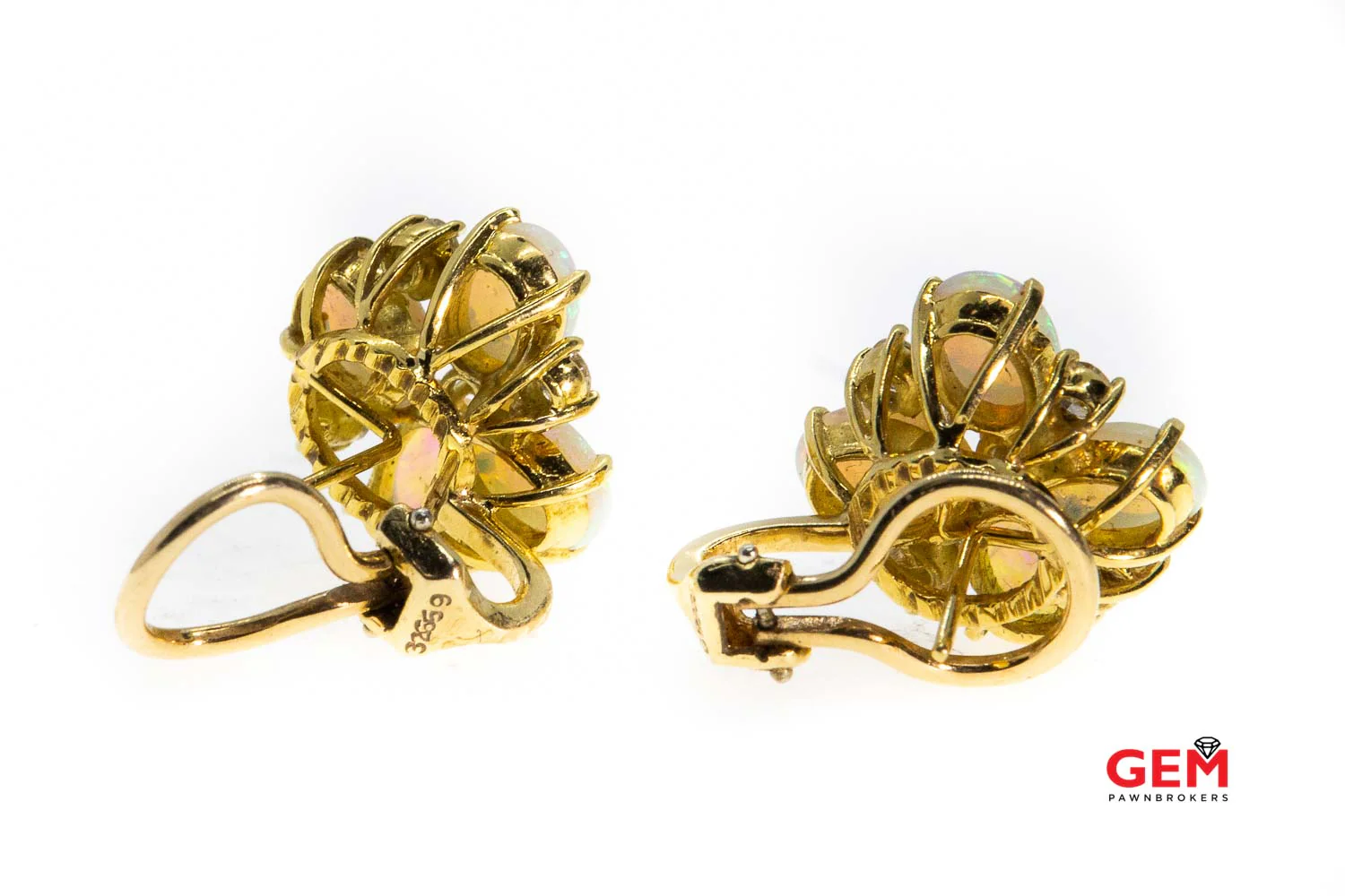 Fine Solid 14k 585 Yellow Gold Opal Cabochon Diamond Flower Earrings - Image 4
