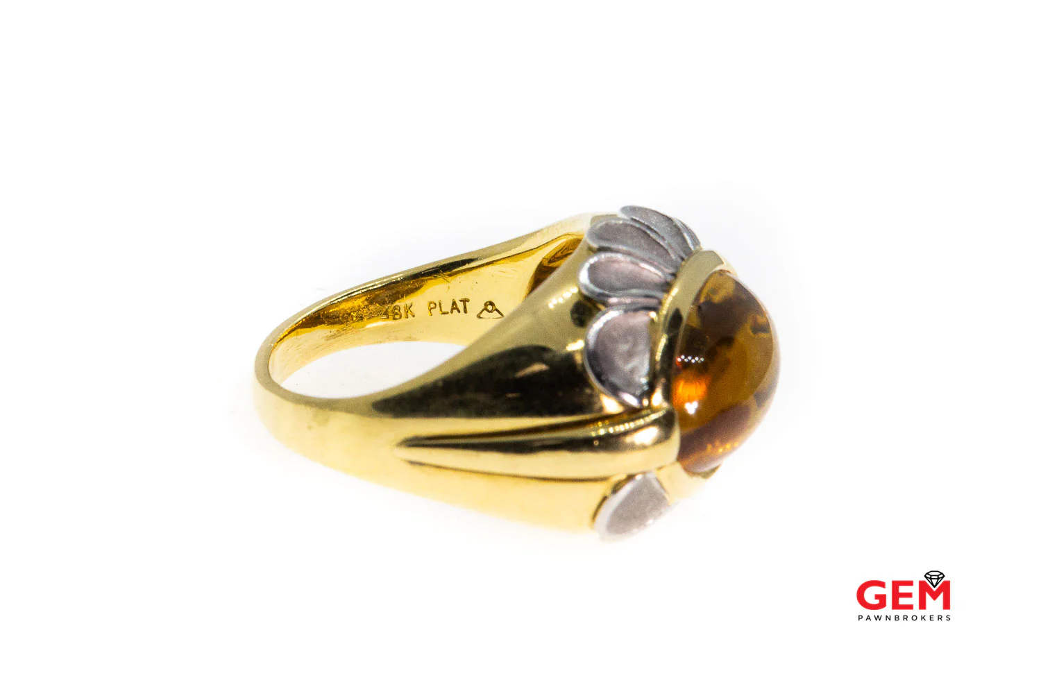 Flower Oval Cabochon Citrine Solid 950 Platinum Petals Accent 18K 750 Yellow Gold Designer Cocktail Ring Size 6 3/4 - Image 2