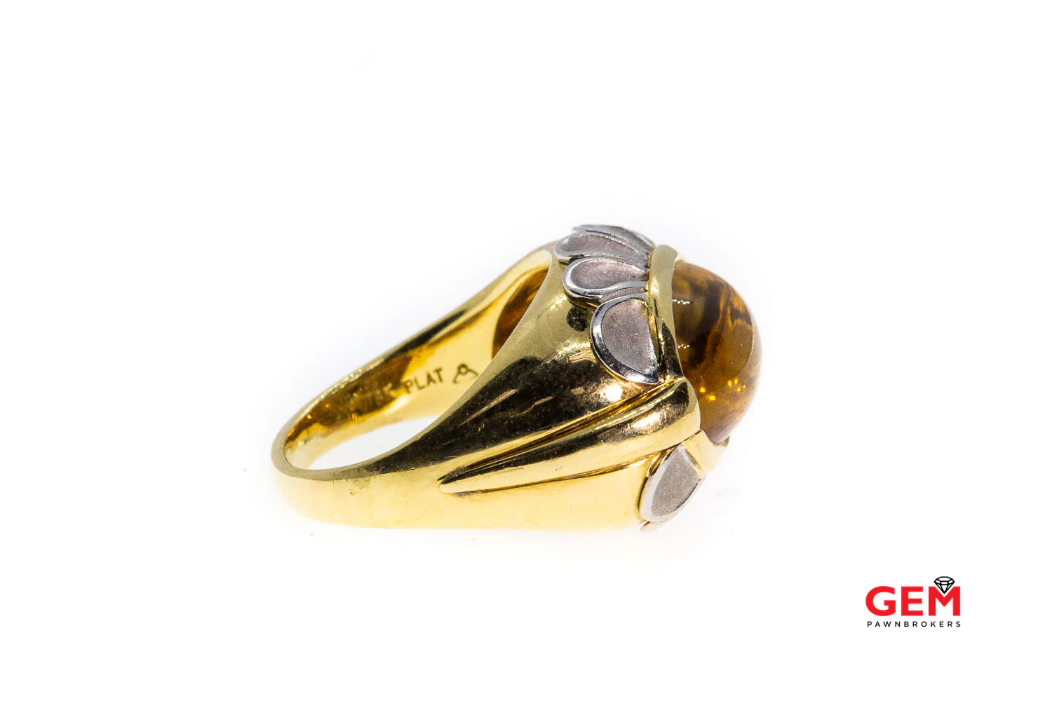 Flower Oval Cabochon Citrine Solid 950 Platinum Petals Accent 18K 750 Yellow Gold Designer Cocktail Ring Size 6 3/4 - Image 3