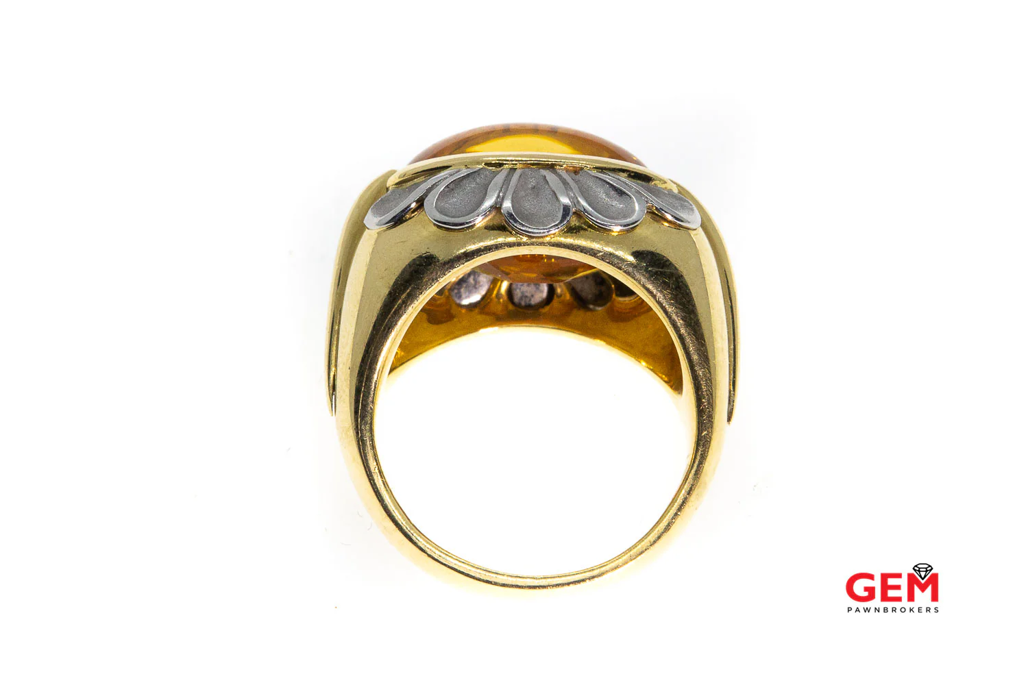 Flower Oval Cabochon Citrine Solid 950 Platinum Petals Accent 18K 750 Yellow Gold Designer Cocktail Ring Size 6 3/4 - Image 4