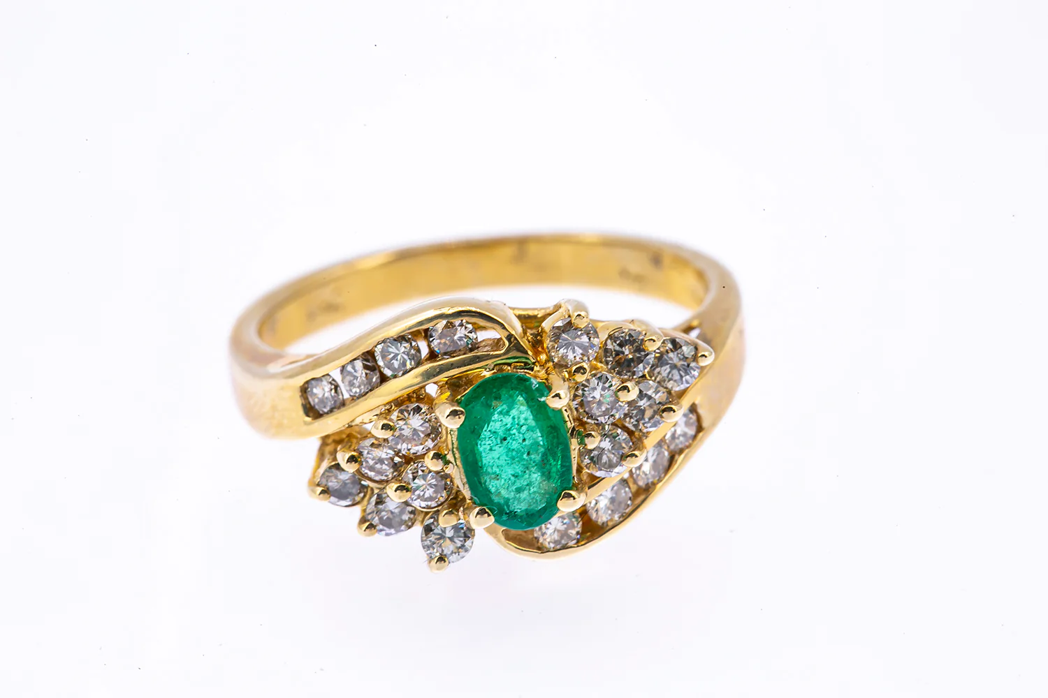 GC Natural Emerald & Diamond Cluster Cocktail 14K 585 Yellow Gold Ring Sz 6 1/2