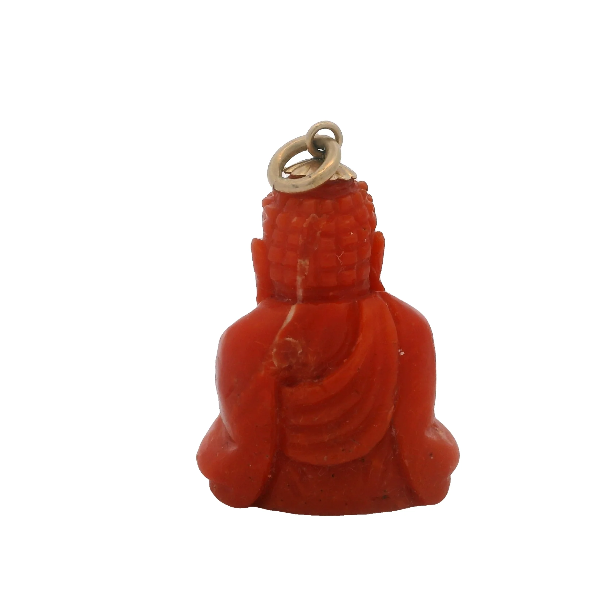 Genuine Carved Coral and 14kt Yellow Gold Meditation Pose Detailed Buddha 1.2" Long Pendant - Image 4