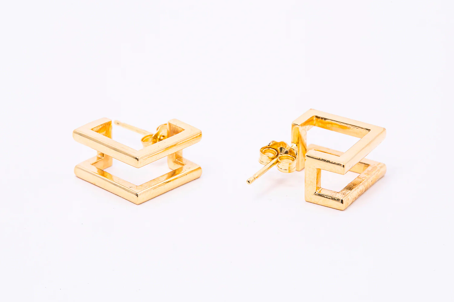 Geometric Square Line 3D Huggies Solid 14K 585 Yellow Gold Pair of Hoop Earrings - Image 2