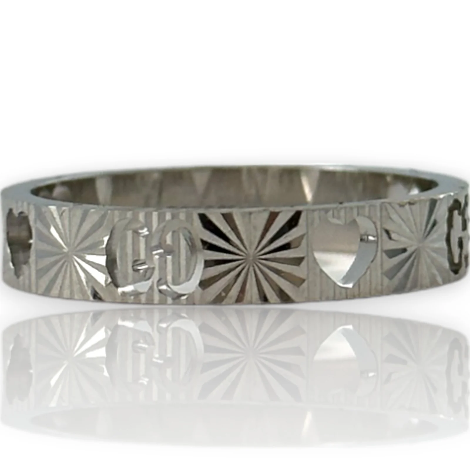 GUCCI Icon Collection Cutout GG Icon Heart Ring with Starburst Cutting Pattern 4mm Width Size 8 Made in Italy Solid 18kt White Gold - Image 2