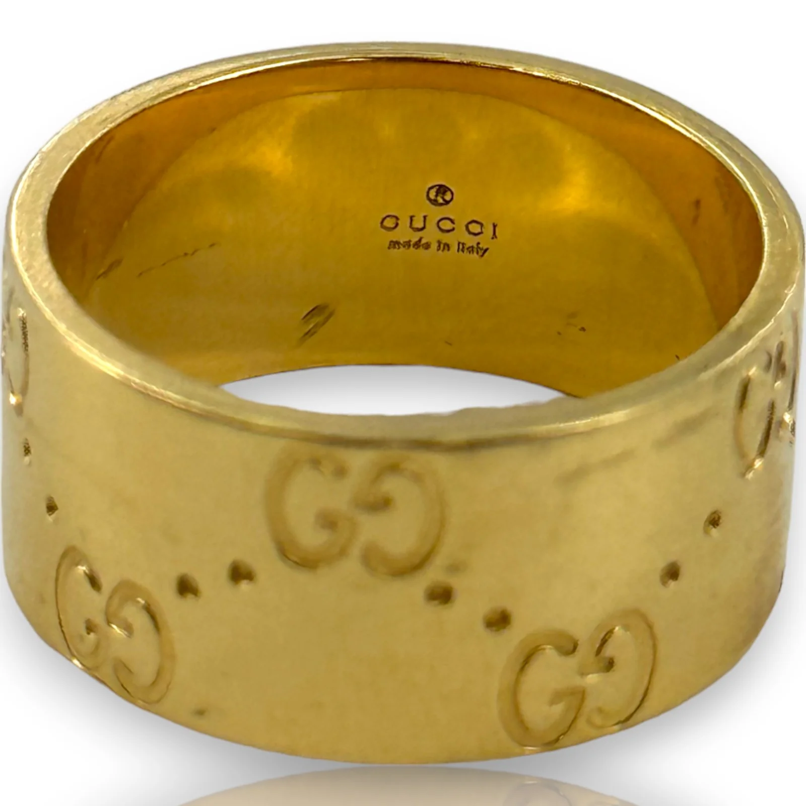 GUCCI Signed Hallmarked Solid 18kt Gold Wide 8.8mm Cigar Band Logo Ring Size 6 - Image 4