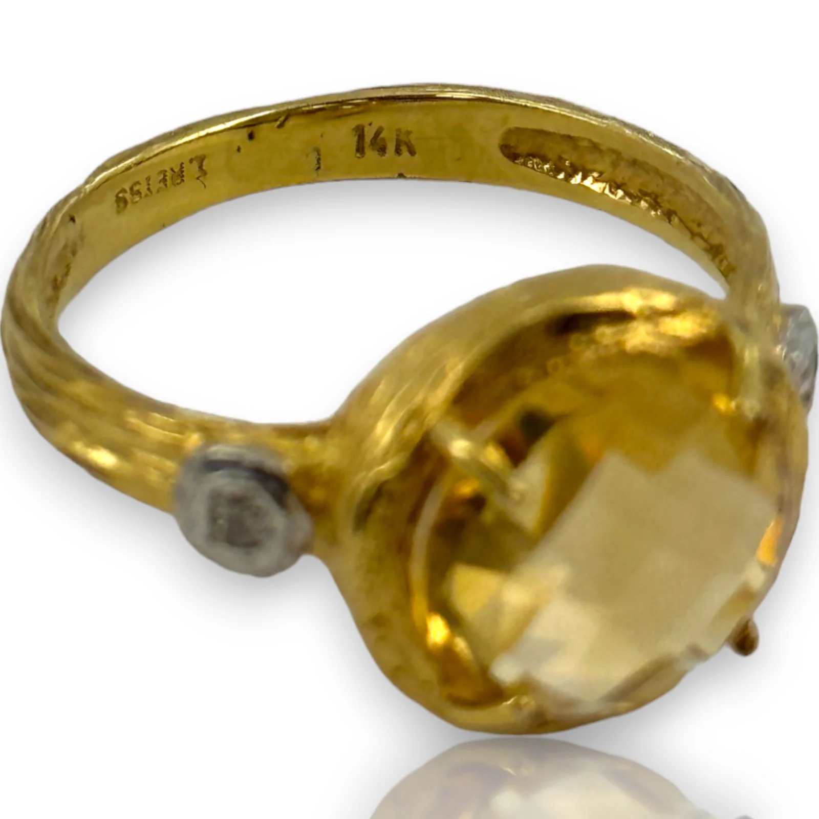 I. Reiss Solid 14k Yellow Textured Gold Checkerboard Cut Citrine and Diamond Accent Cocktail Ring Size 7.5 - Image 6